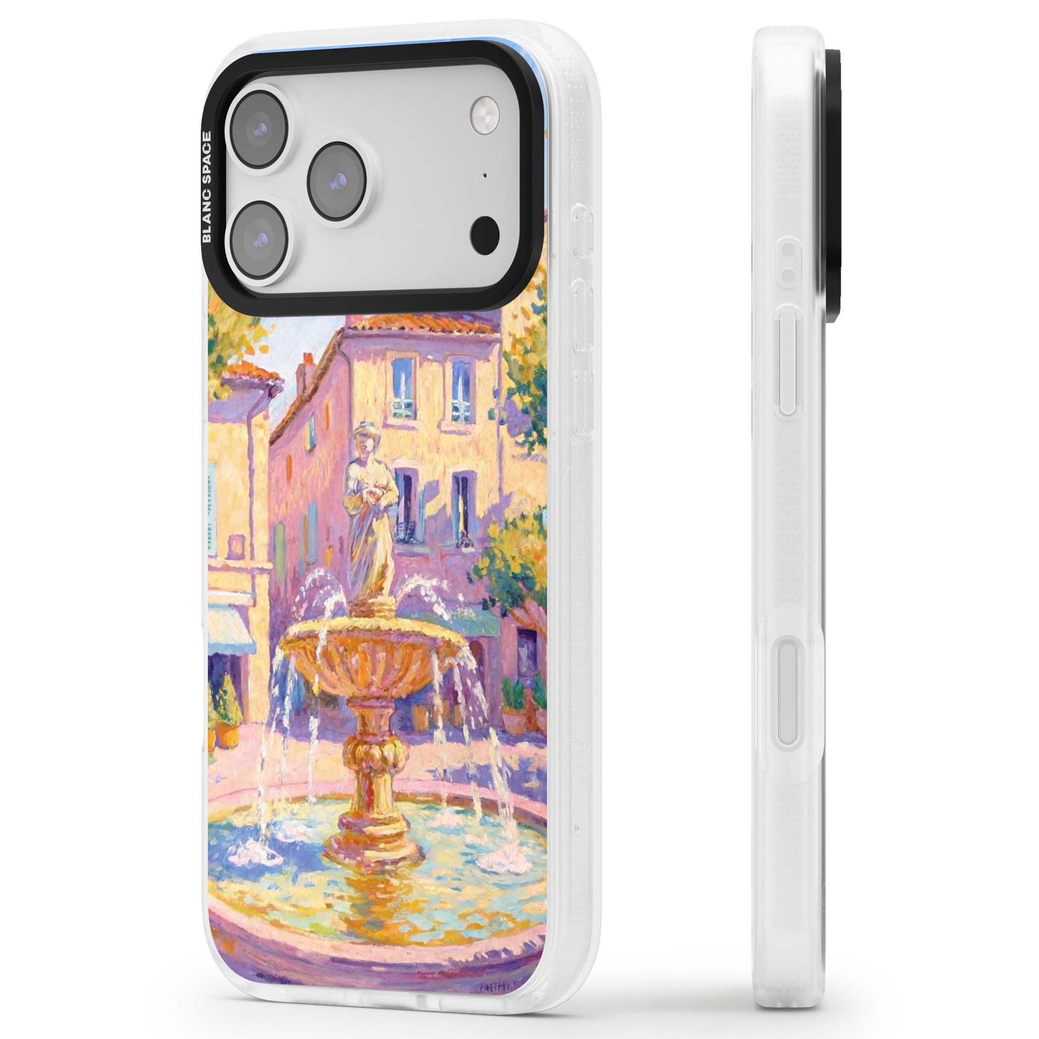 Fountain Square fine art iPhone case featuring an impressionist Provençal fountain, pastel village buildings and summe | Clear Case Impact Air case for iPhone 17 Pro, iPhone 17 Pro Max