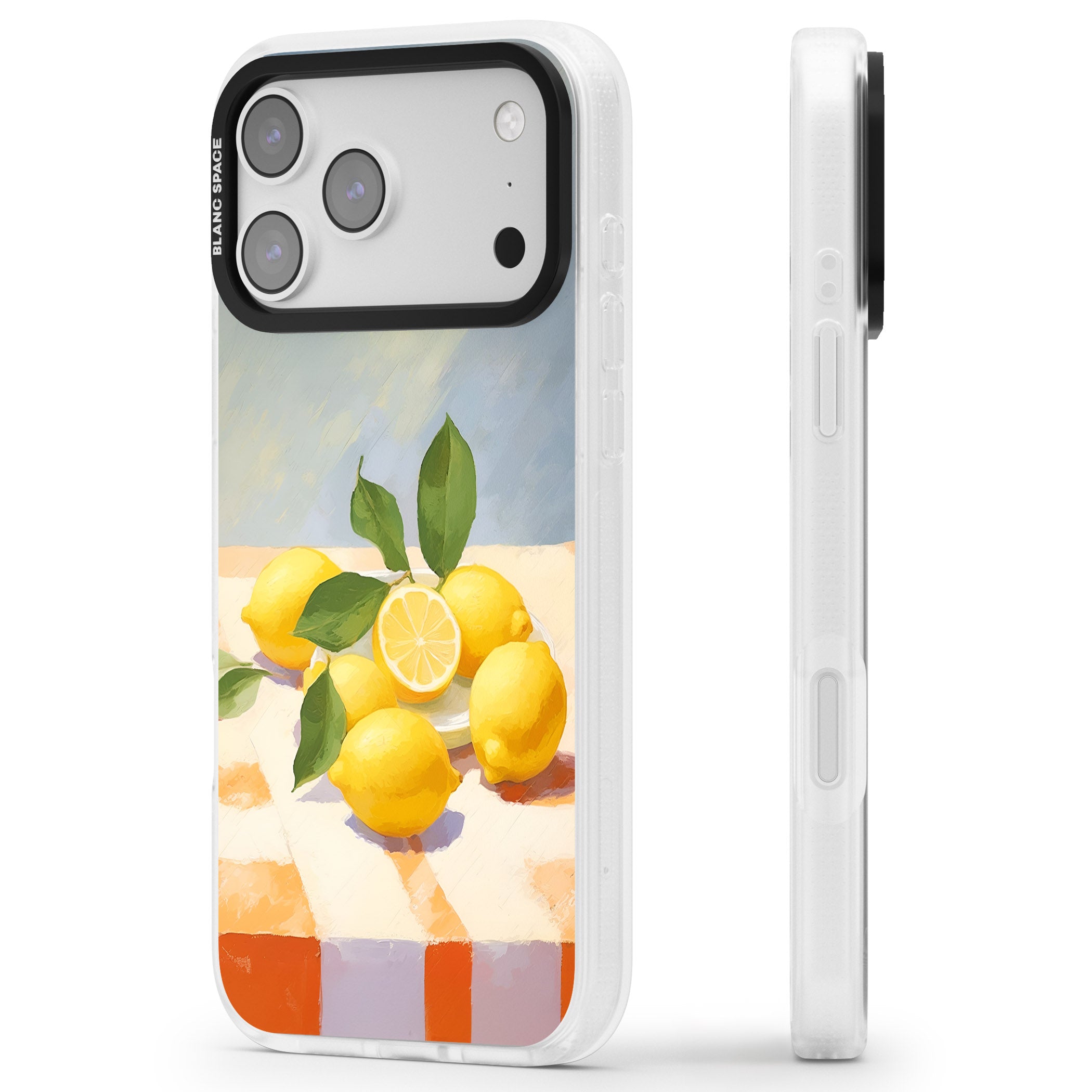 Lemons on Checkered Cloth iPhone 17 Pro Impact Air Clear Phone Case Side Profile
