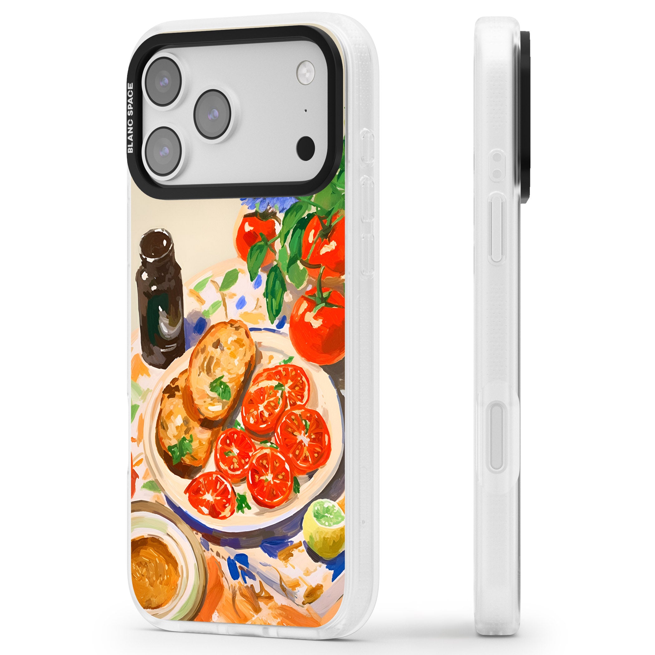 Bruschetta & Tomatoes iPhone 17 Pro Impact Air Clear Phone Case Side Profile