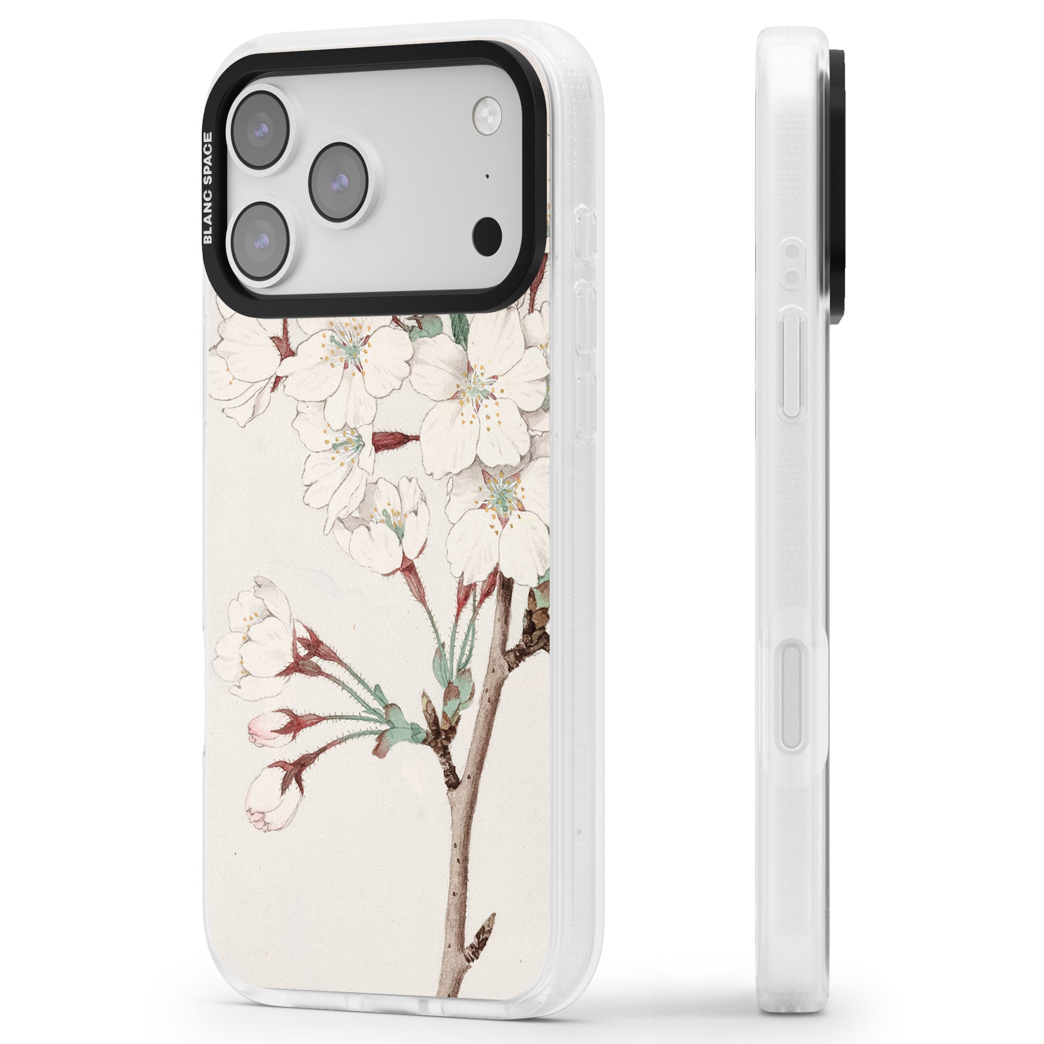 Vintage Japanese Illustrations Cherry Blossoms iPhone 17 Pro Impact Air Clear Phone Case Side Profile