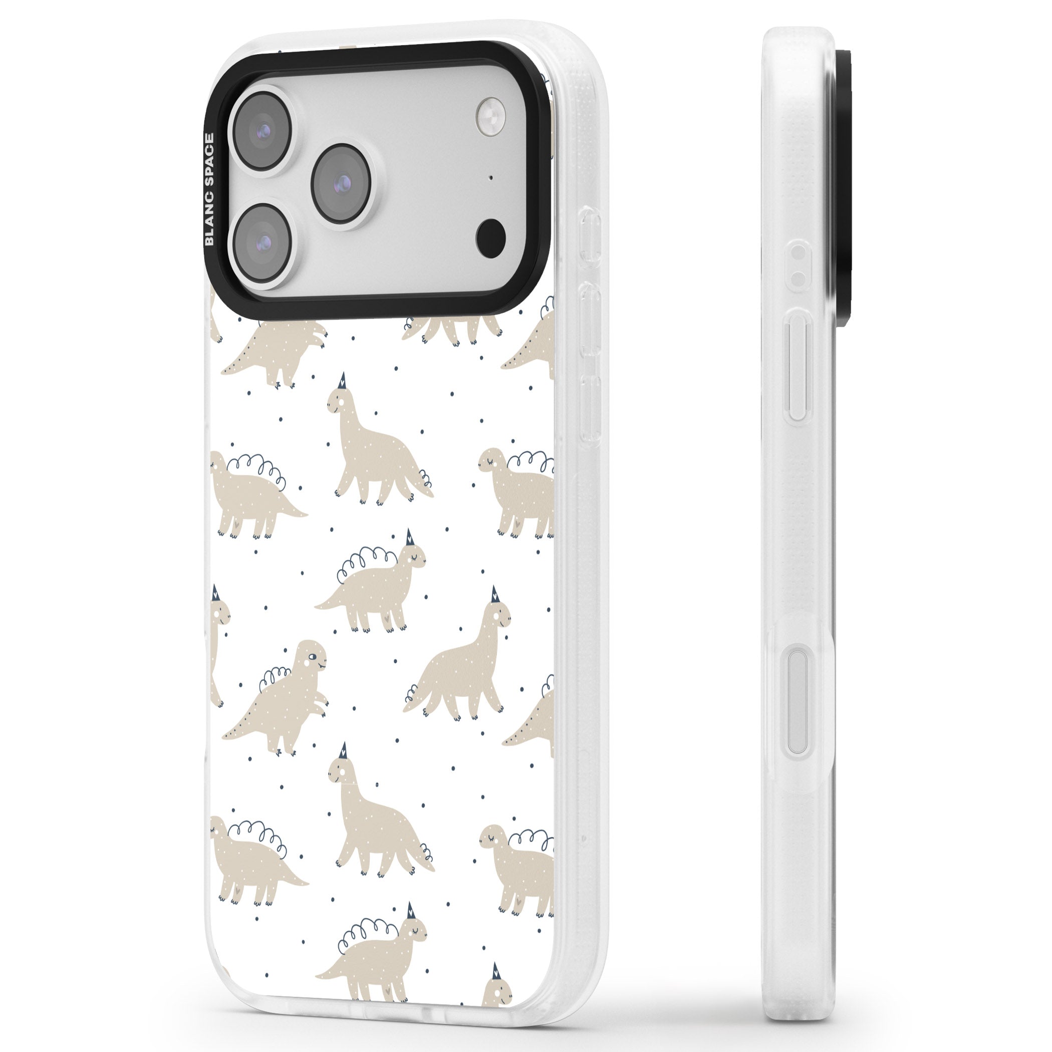 Party Dino Pattern iPhone 17 Pro Impact Air Clear Phone Case Side Profile