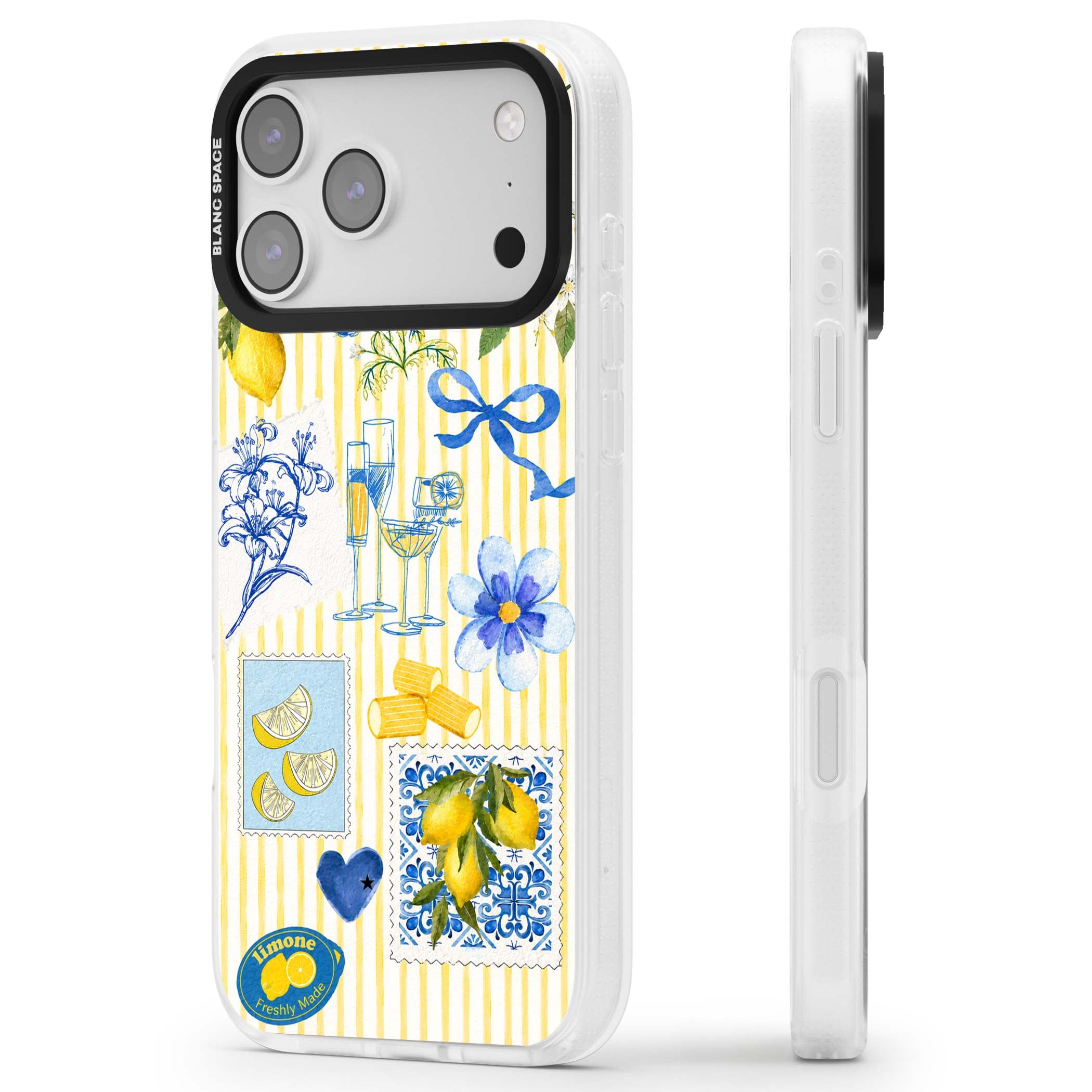 Limone Riviera Italian summer iPhone case featuring watercolour lemons, blue ribbon bows and majolica tile stamps on... | Clear Case Impact Air case for iPhone 17 Pro, iPhone 17 Pro Max