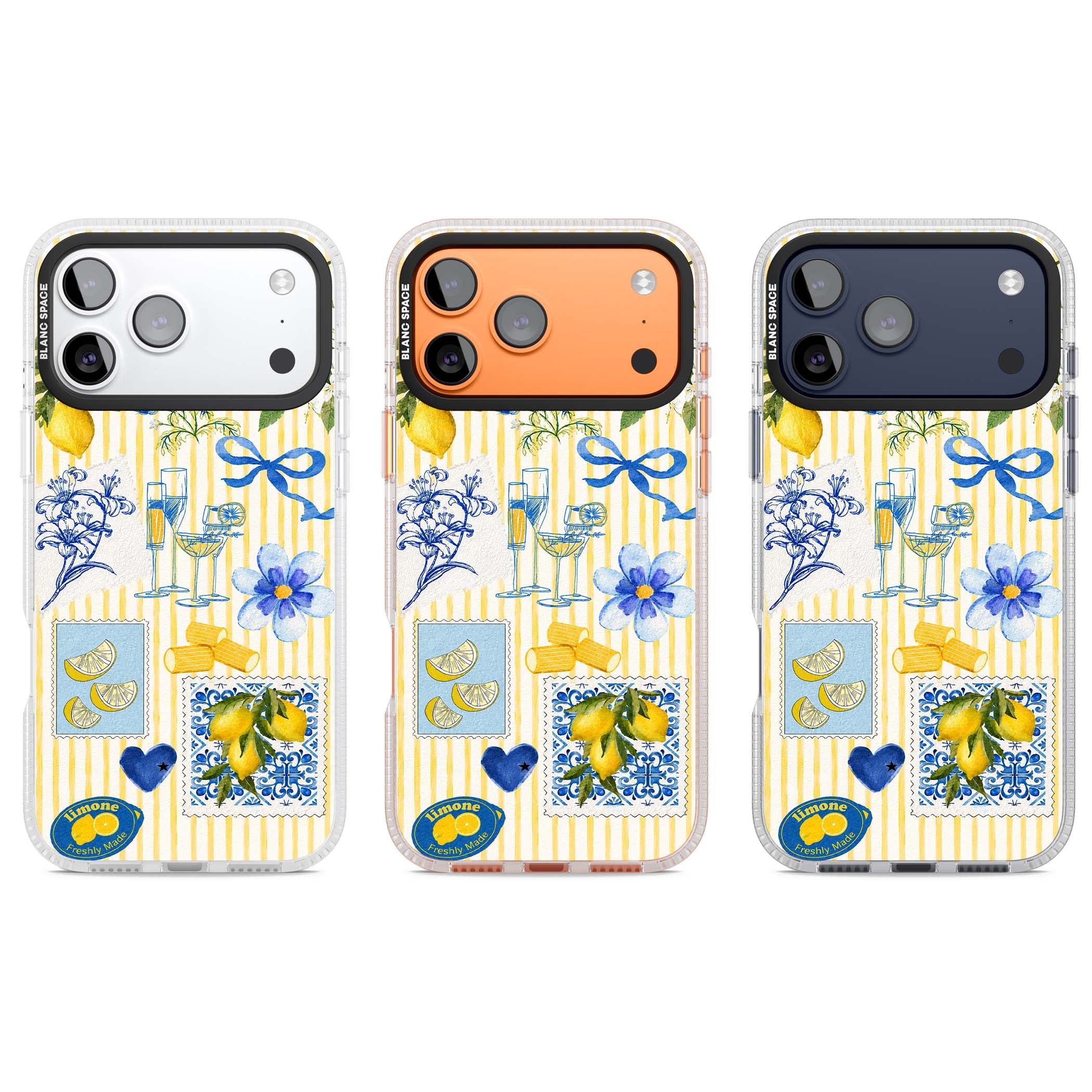 Limone Riviera Italian summer iPhone case featuring watercolour lemons, blue ribbon bows and majolica tile stamps on... | Clear Case Impact Air case for iPhone 17 Pro, iPhone 17 Pro Max