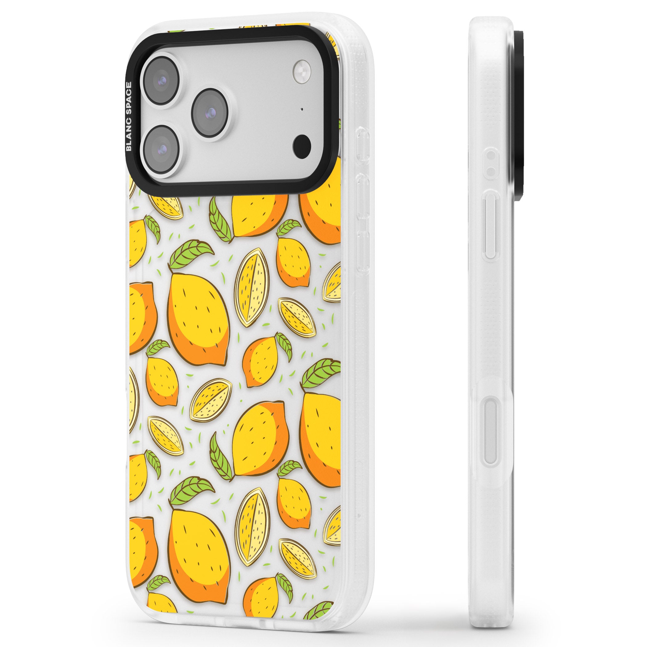 Lemon Pattern iPhone 17 Pro Impact Air Clear Phone Case Side Profile