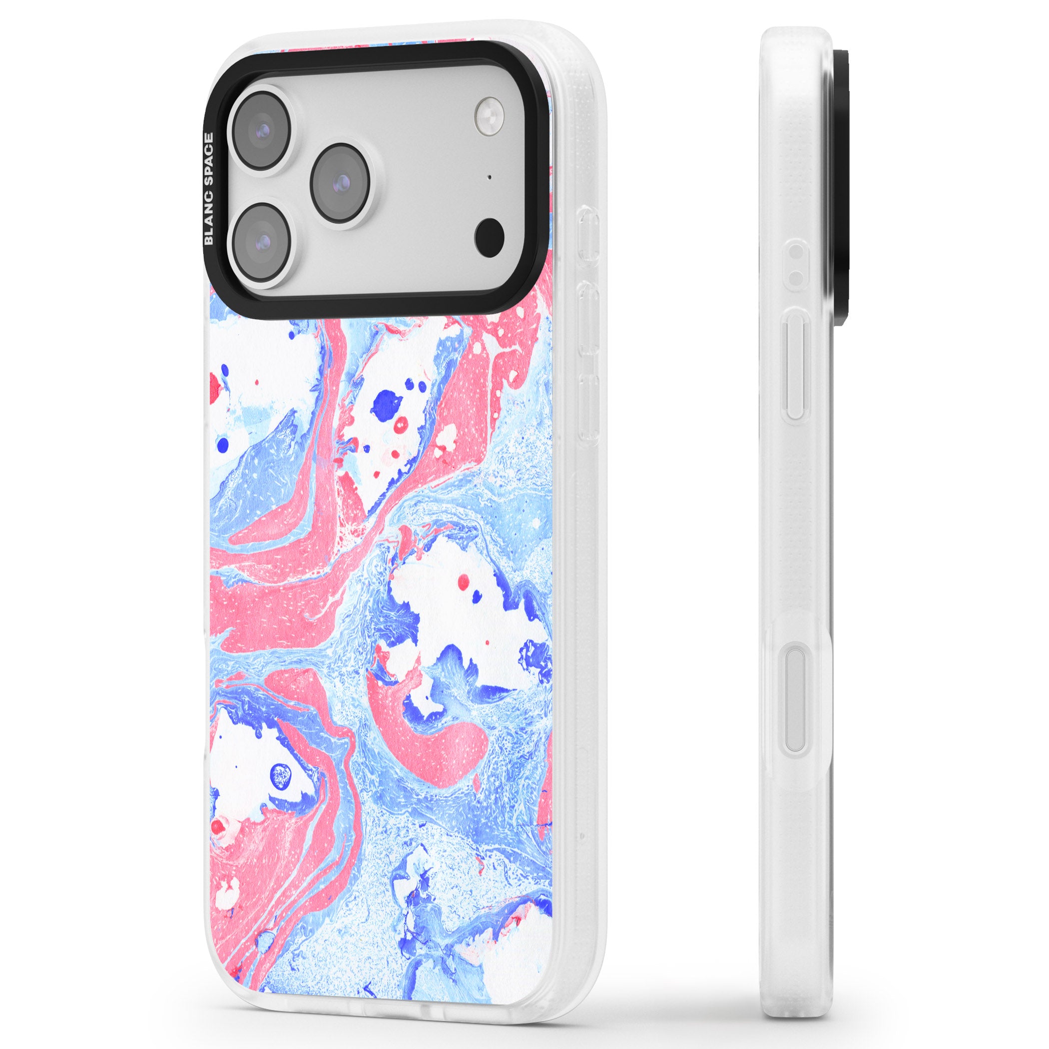 Pink, Blue & White Marbled Paper Pattern iPhone 17 Pro Impact Air Clear Phone Case Side Profile
