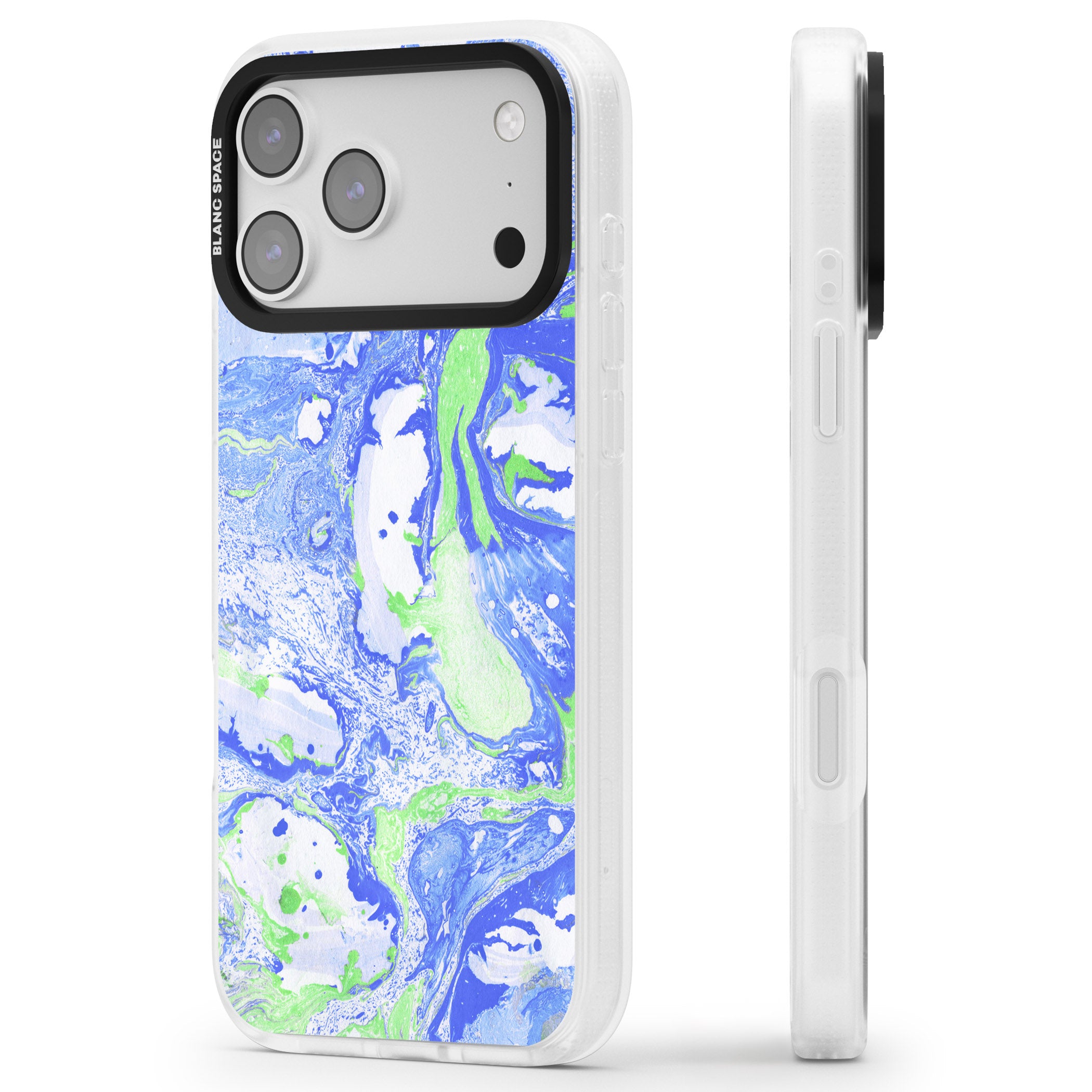 Dark Blue & Green Marbled Paper Pattern iPhone 17 Pro Impact Air Clear Phone Case Side Profile