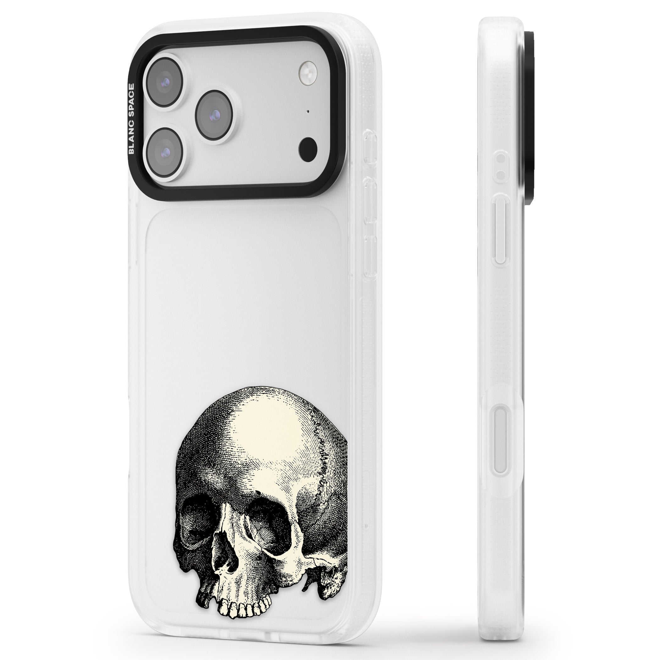 Minimal Vintage Skull iPhone 17 Pro Impact Air Clear Phone Case Side Profile