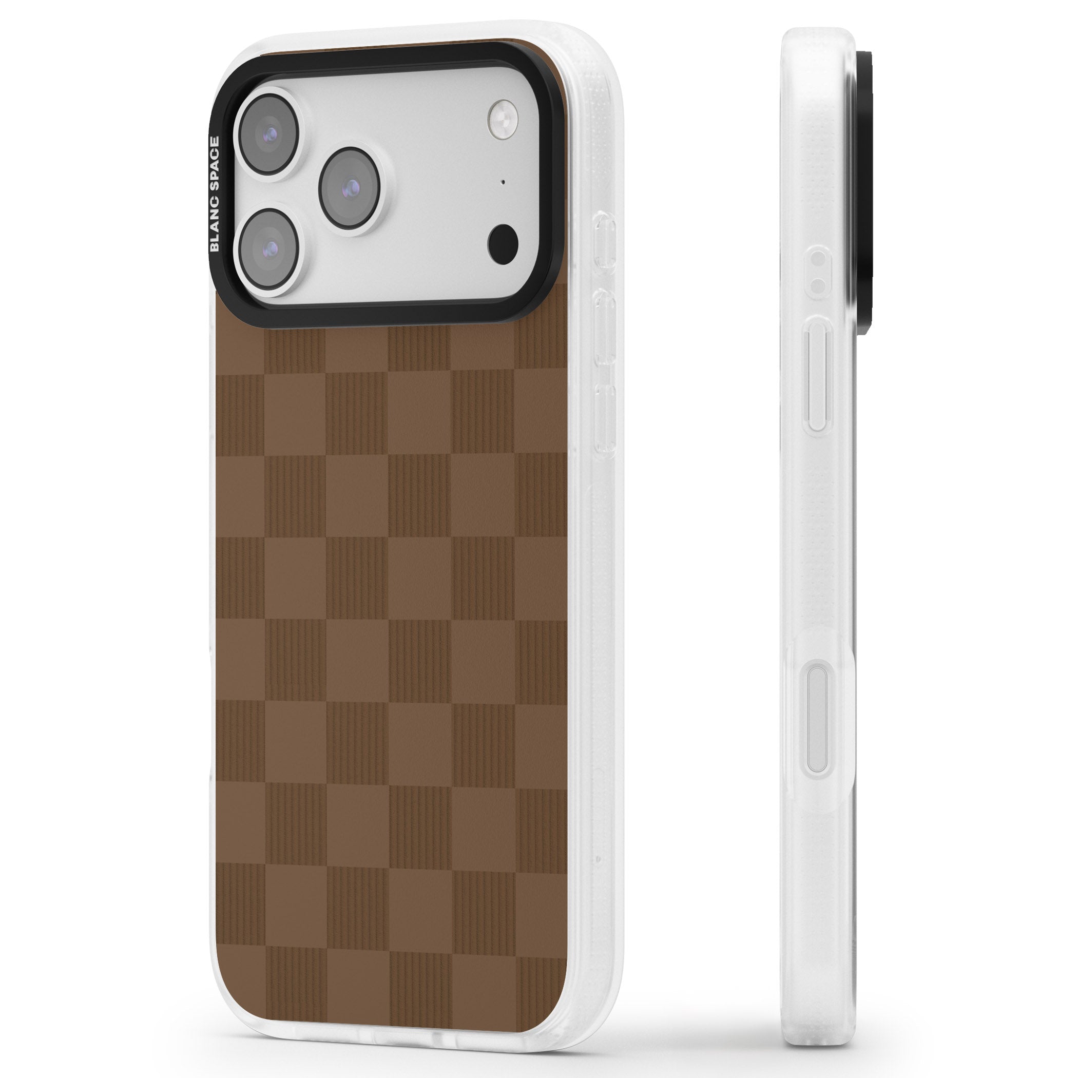 Chocolate Checkered iPhone 17 Pro Impact Air Clear Phone Case Side Profile