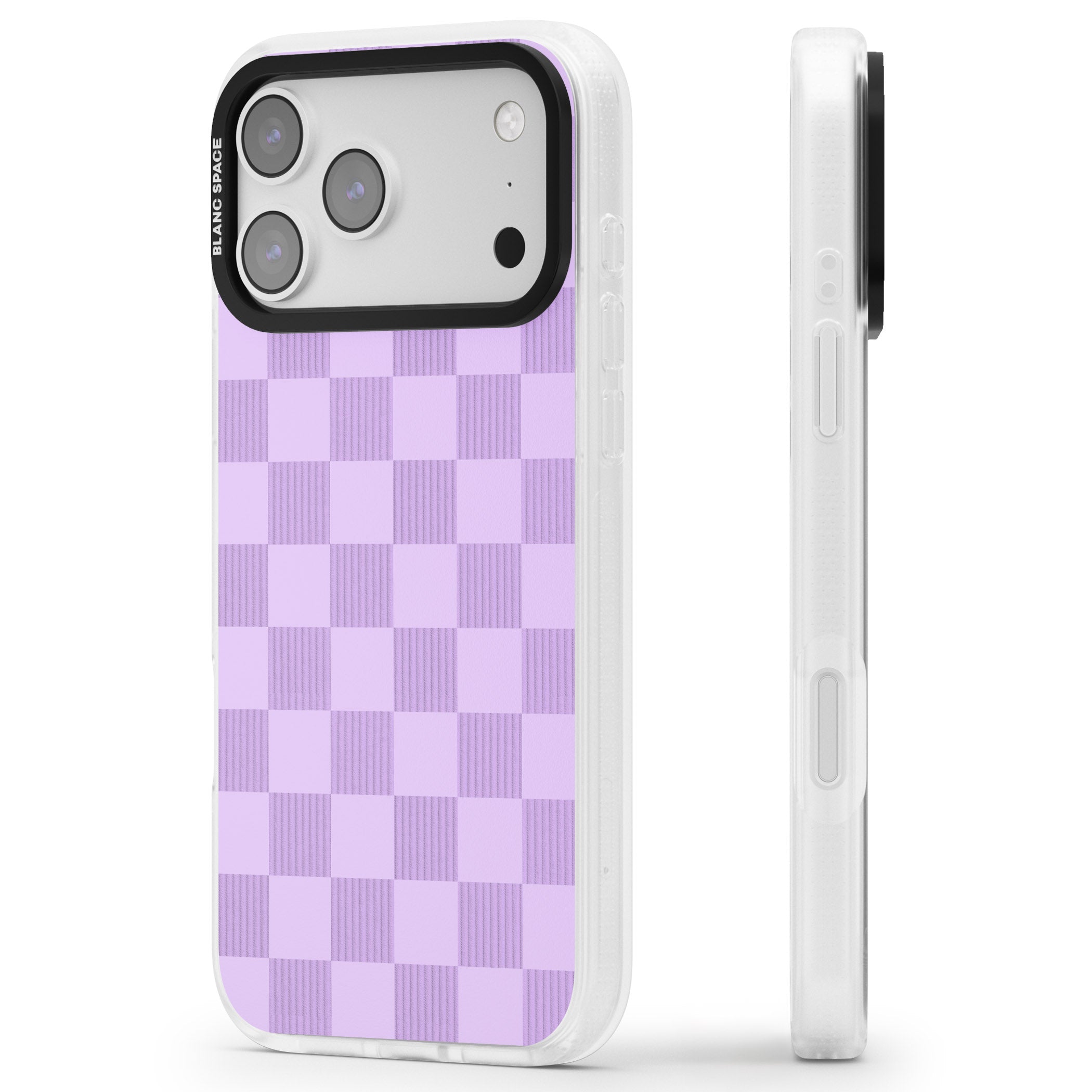 Lilac Checkered iPhone 17 Pro Impact Air Clear Phone Case Side Profile