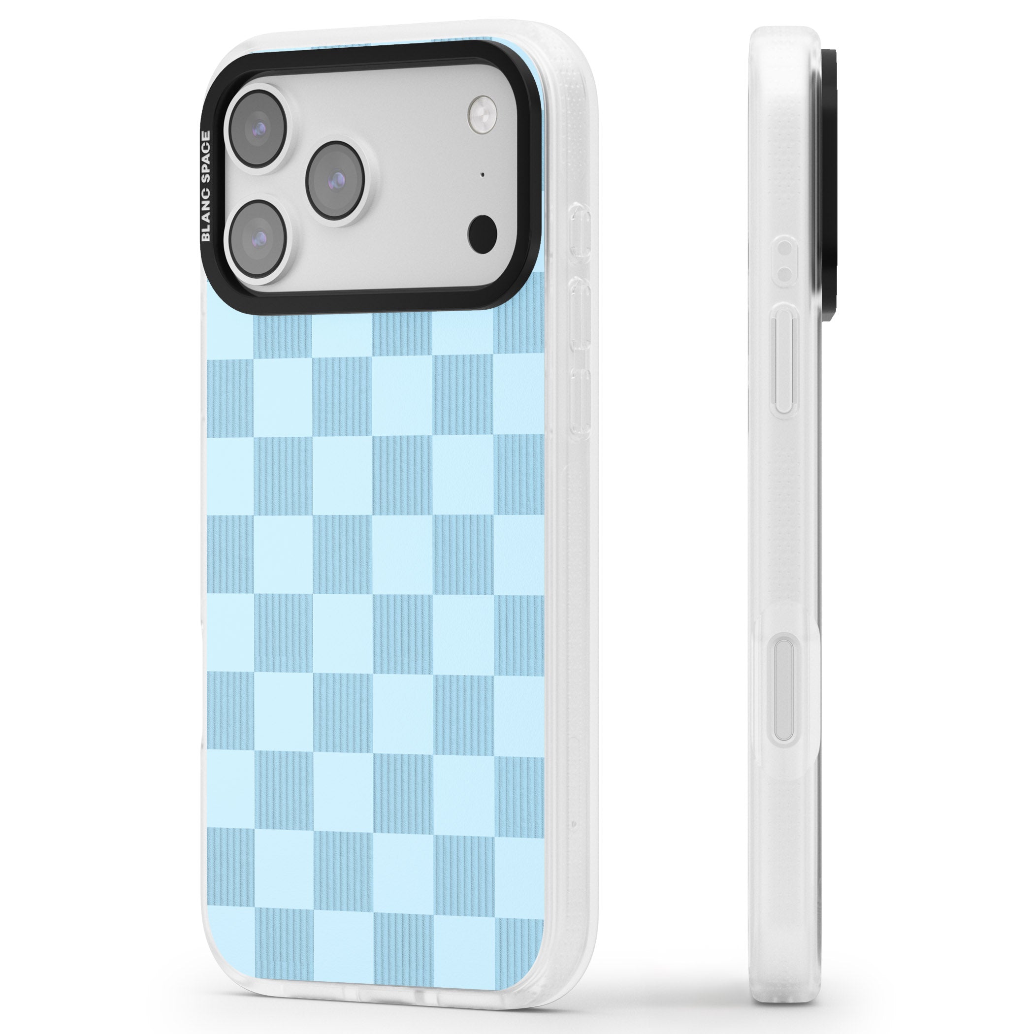 Skyblue Checkered iPhone 17 Pro Impact Air Clear Phone Case Side Profile