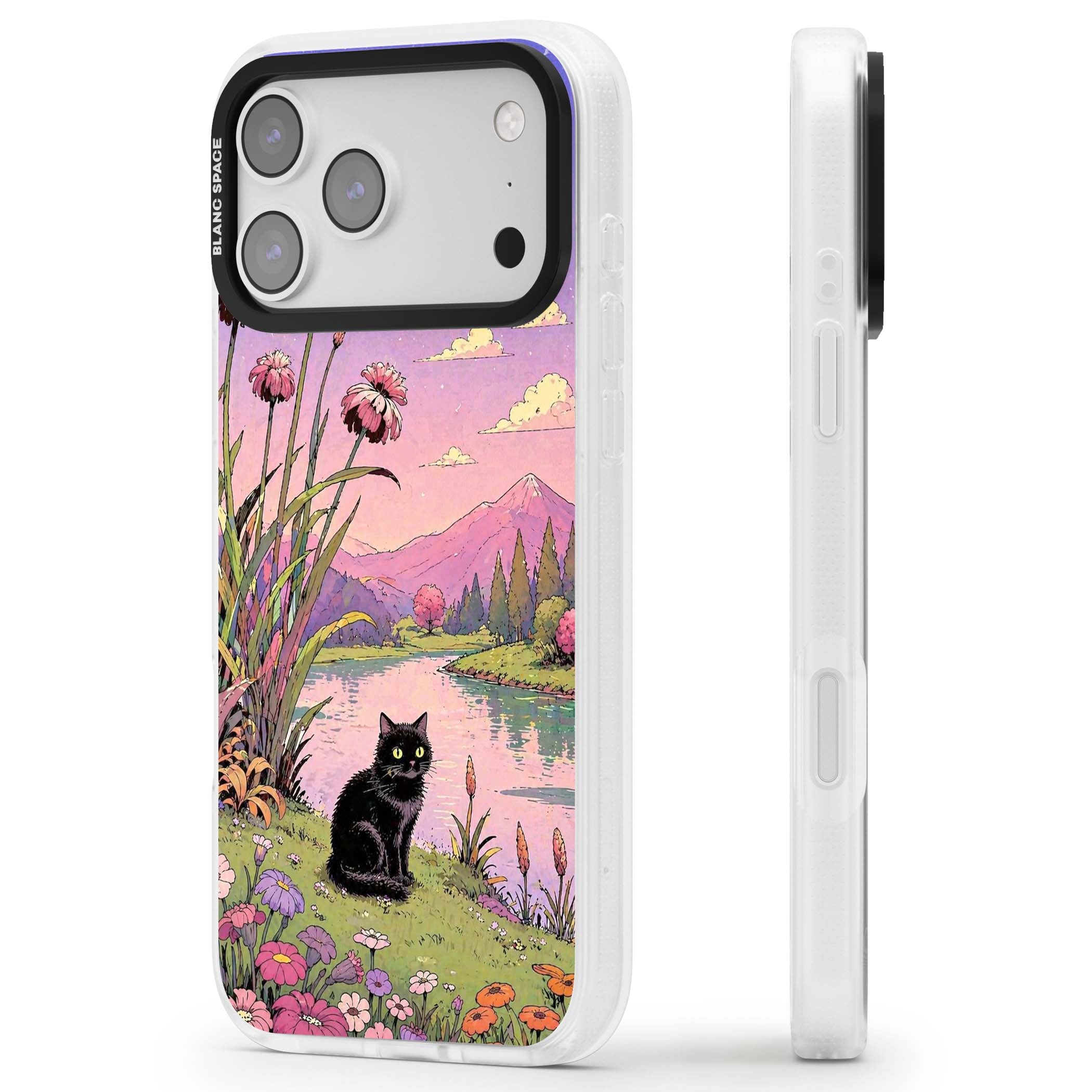 Mystic Whiskers ghibli iPhone case featuring a black cat by a pastel lake, wildflowers and a starry sunset sky | Clear Case Impact Air case for iPhone 17 Pro, iPhone 17 Pro Max