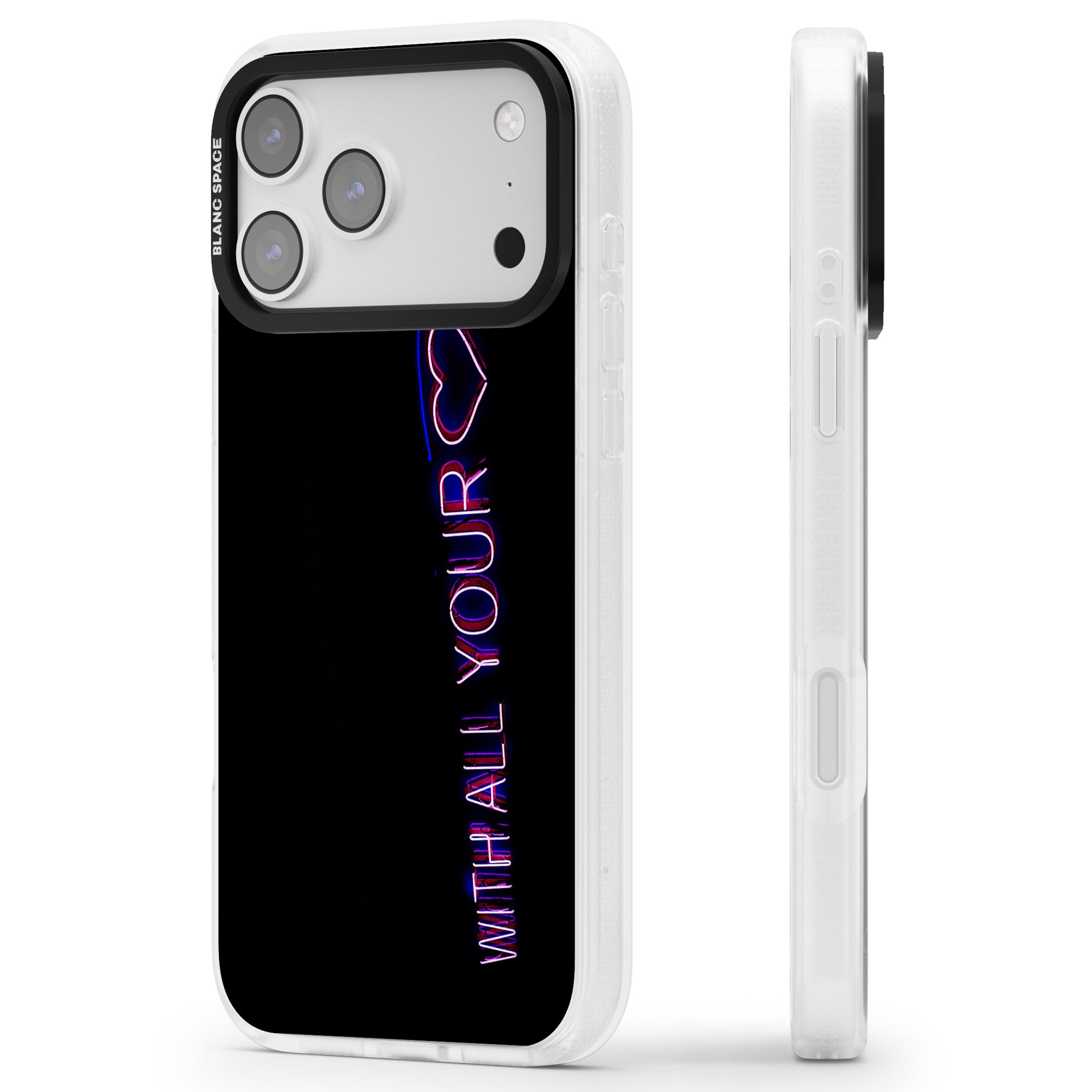 Neon Heart Script iPhone 17 Pro Impact Air Clear Phone Case Side Profile