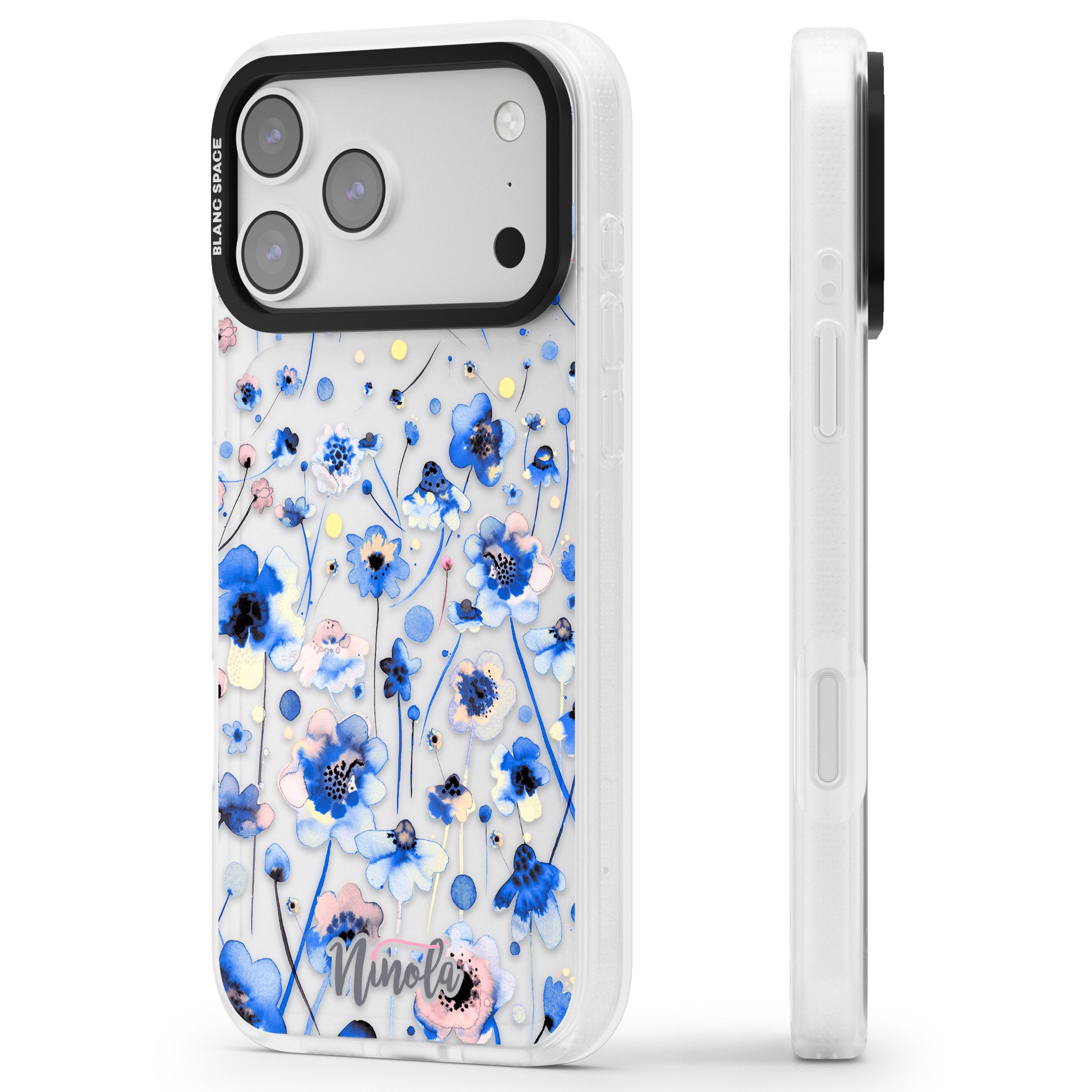 Ink Flowers Blue iPhone 17 Pro Impact Air Clear Phone Case Side Profile