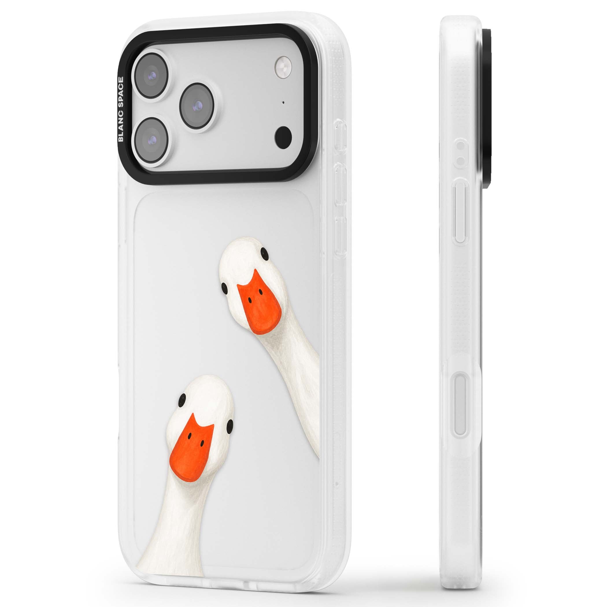 Nosy Ducks cottagecore iPhone case featuring two peeking white ducks with orange beaks on a clear background | Clear Case Impact Air case for iPhone 17 Pro, iPhone 17 Pro Max