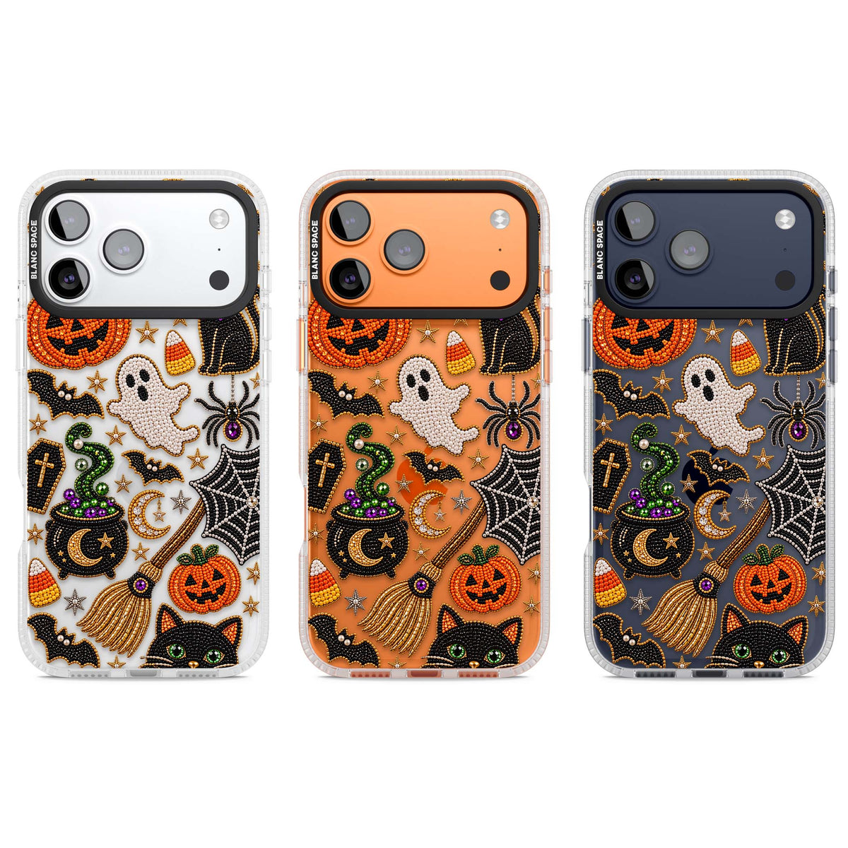Beaded Halloween Halloween iPhone case featuring beaded pumpkins, ghosts, black cats and bats | Clear Case Impact Air case for iPhone 17 Pro, iPhone 17 Pro Max