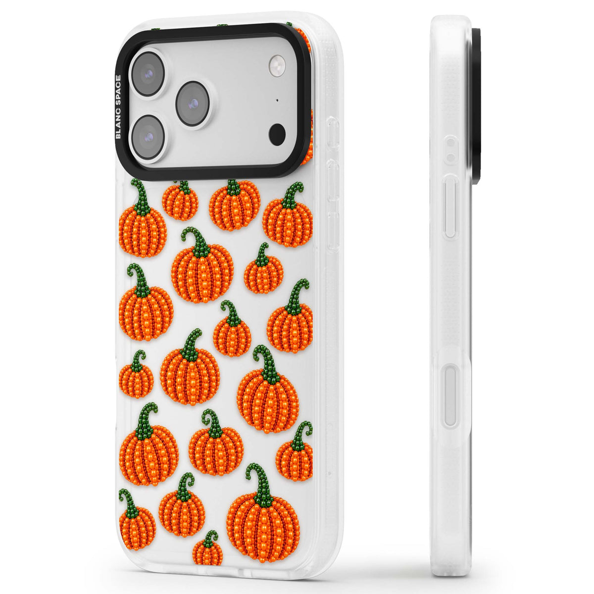 Beaded Pumpkins halloween iPhone case featuring beaded orange pumpkins with green stems on a clear background | Clear Case Impact Air case for iPhone 17 Pro, iPhone 17 Pro Max