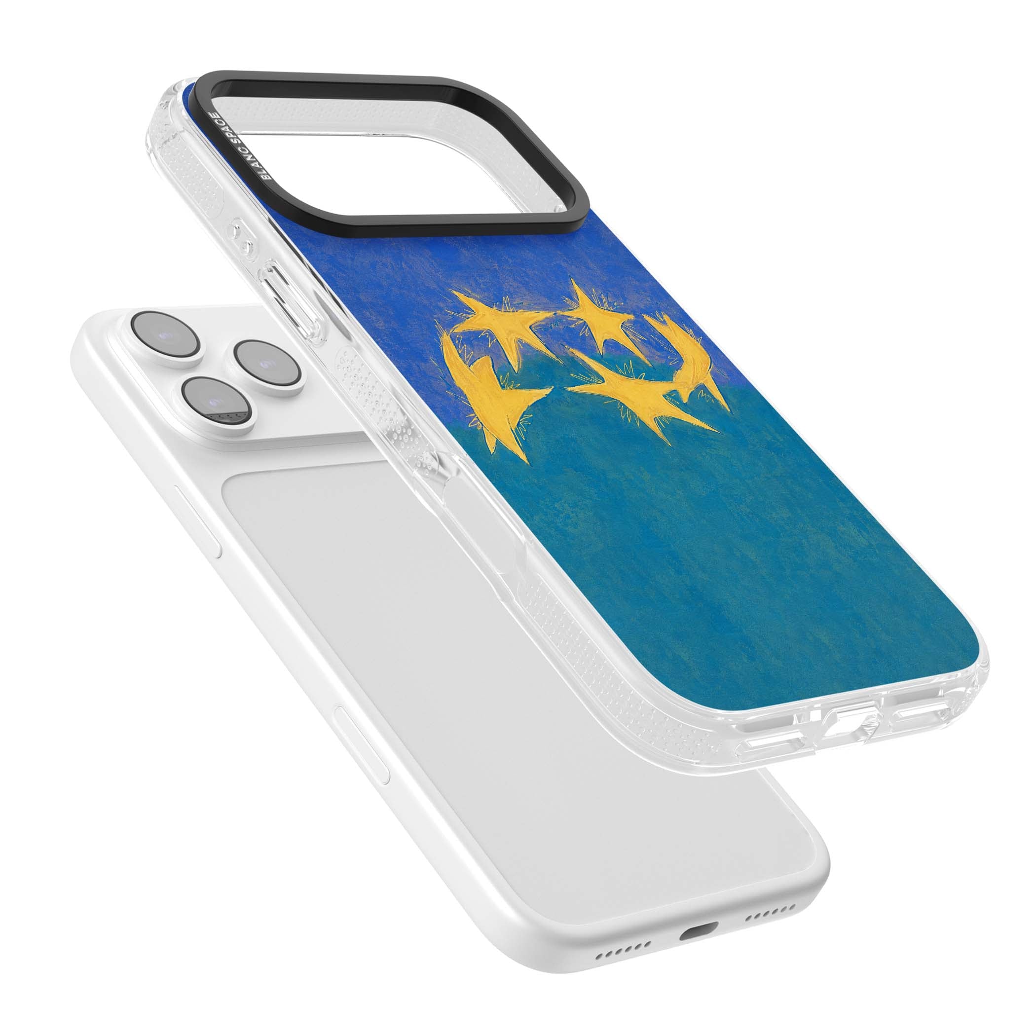 Star Boogie stars aesthetic iPhone case featuring five yellow hand-painted stars on cobalt blue and teal | Clear Case Impact Air case for iPhone 17 Pro, iPhone 17 Pro Max