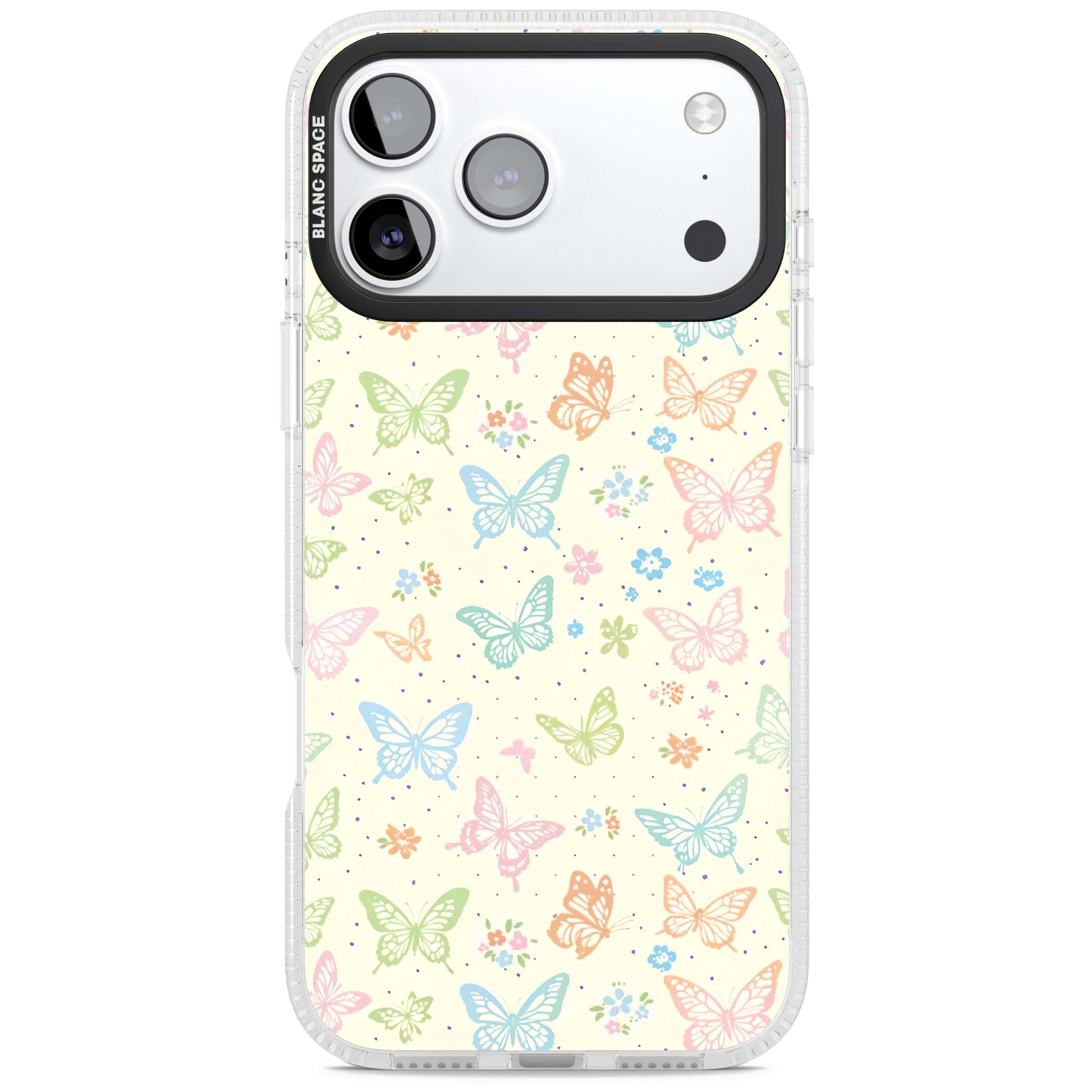 Sugar Wings cottagecore iPhone case featuring rainbow pastel butterflies, tiny wildflowers, and a cream background | Clear Case Impact Air case for iPhone 17 Pro, iPhone 17 Pro Max