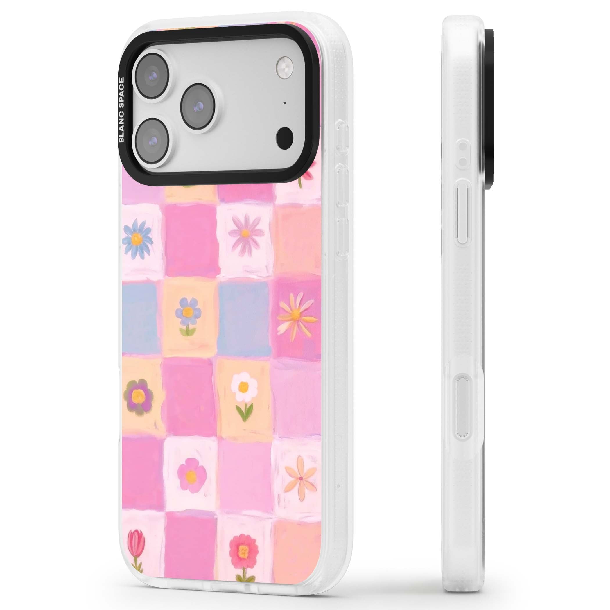 Pastel Flower Patchwork cottagecore iPhone case featuring painted pink and lilac squares with daisies and wildflowers | Clear Case Impact Air case for iPhone 17 Pro, iPhone 17 Pro Max