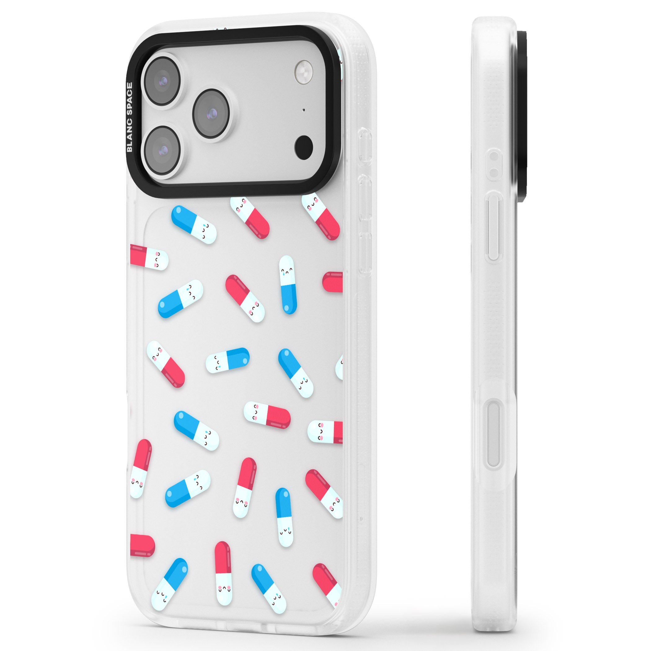 Kawaii Pill Pattern iPhone 17 Pro Impact Air Clear Phone Case Side Profile