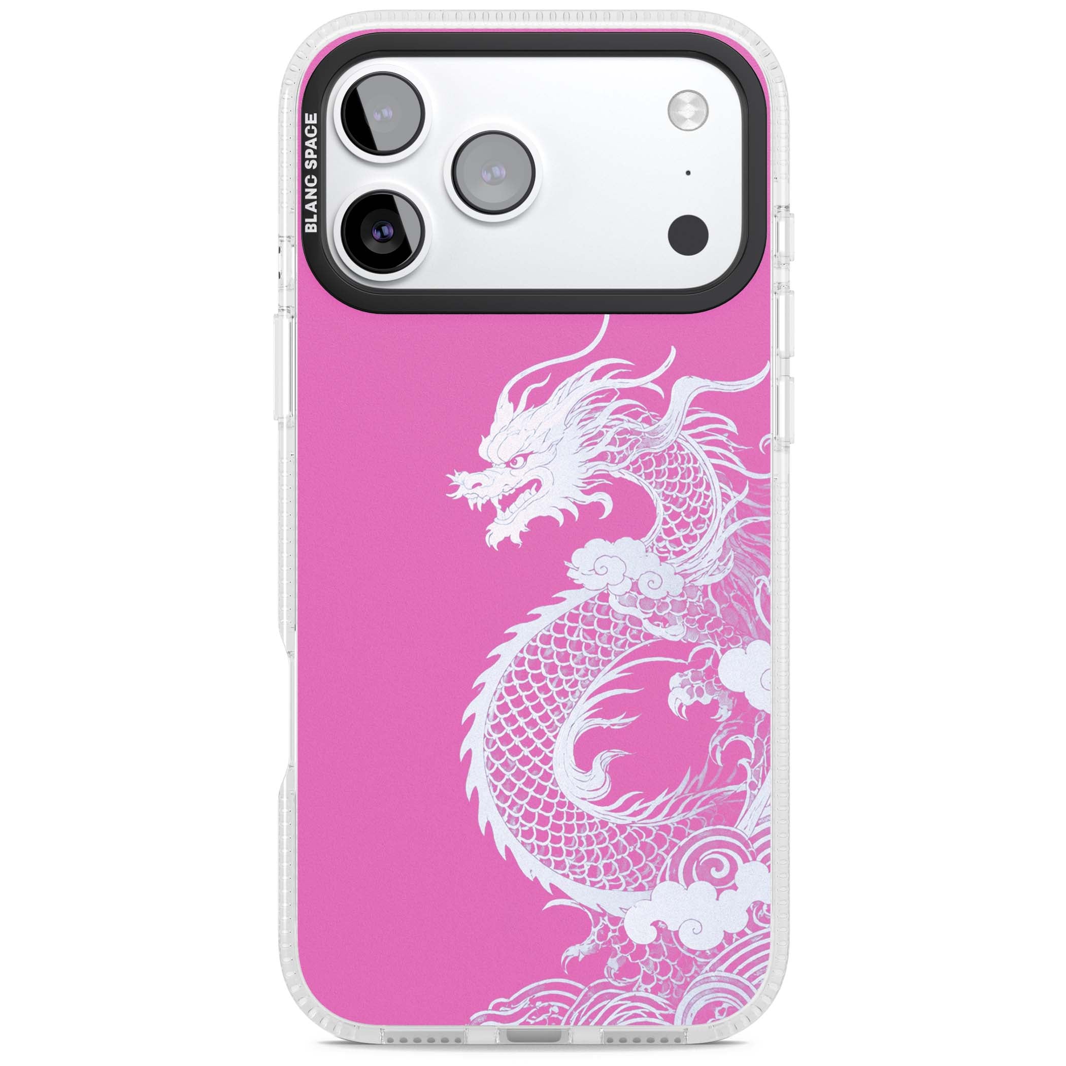 Pink Empress chinese dragon iPhone case featuring a white dragon, swirling clouds and pink dragon wallpaper backdrop | Clear Case Impact Air case for iPhone 17 Pro, iPhone 17 Pro Max