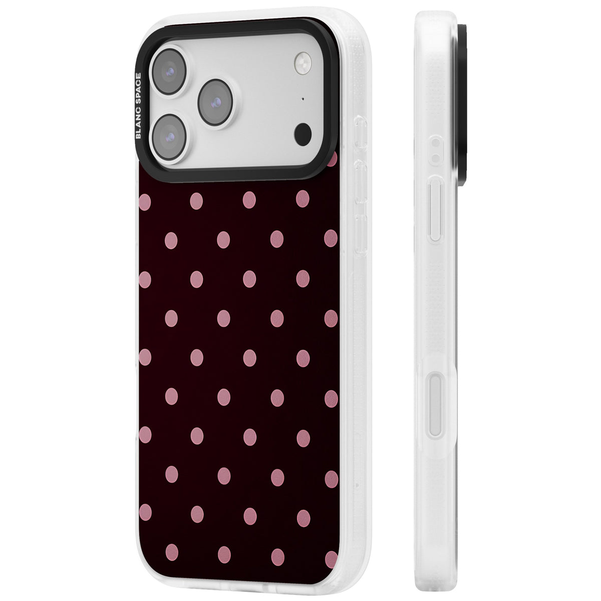 Merlot Dots polka dot iPhone case featuring dusty pink spots on a deep burgundy background in a retro grid iPhone 17 Pro Max Impact Air Phone Case side