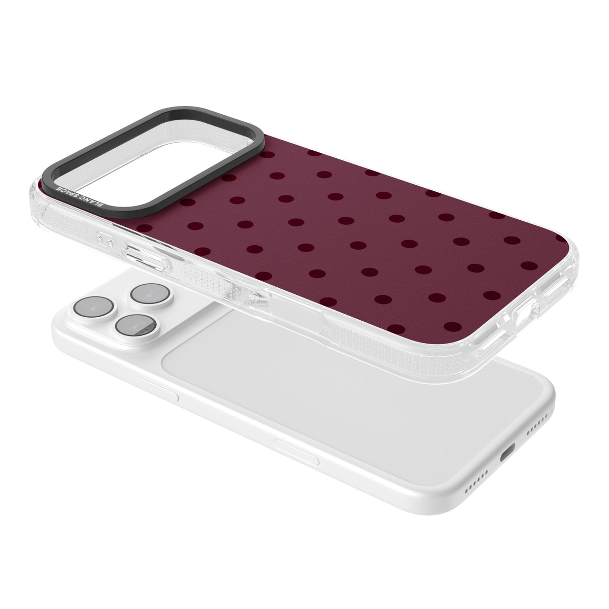 Burgundy Polka Dot minimalist iPhone case featuring black polka dots on a deep burgundy wine red background iPhone 17 Pro Max Impact Air Phone Case angled
