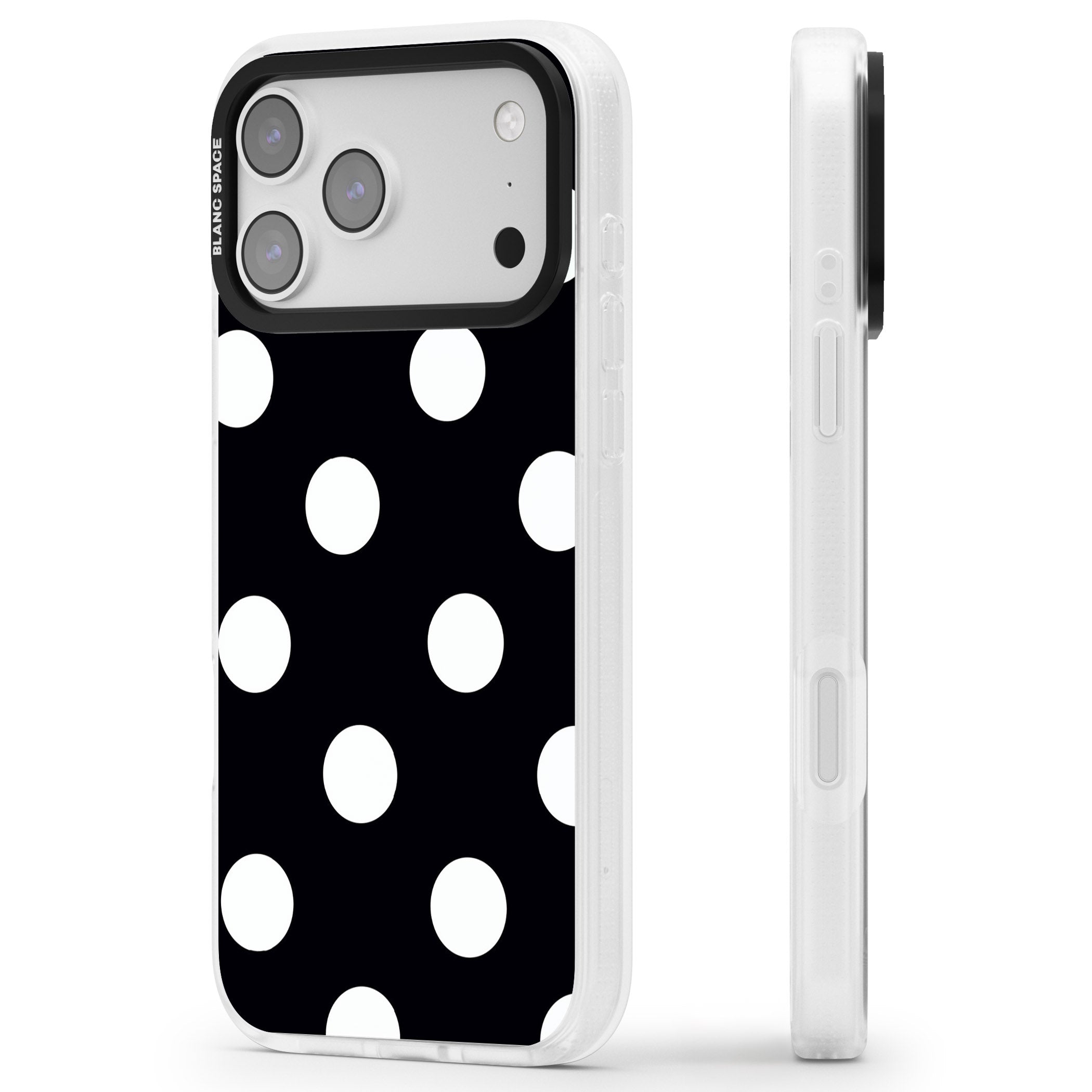 Chic Black Polka Dot iPhone 17 Pro Impact Air Clear Phone Case Side Profile