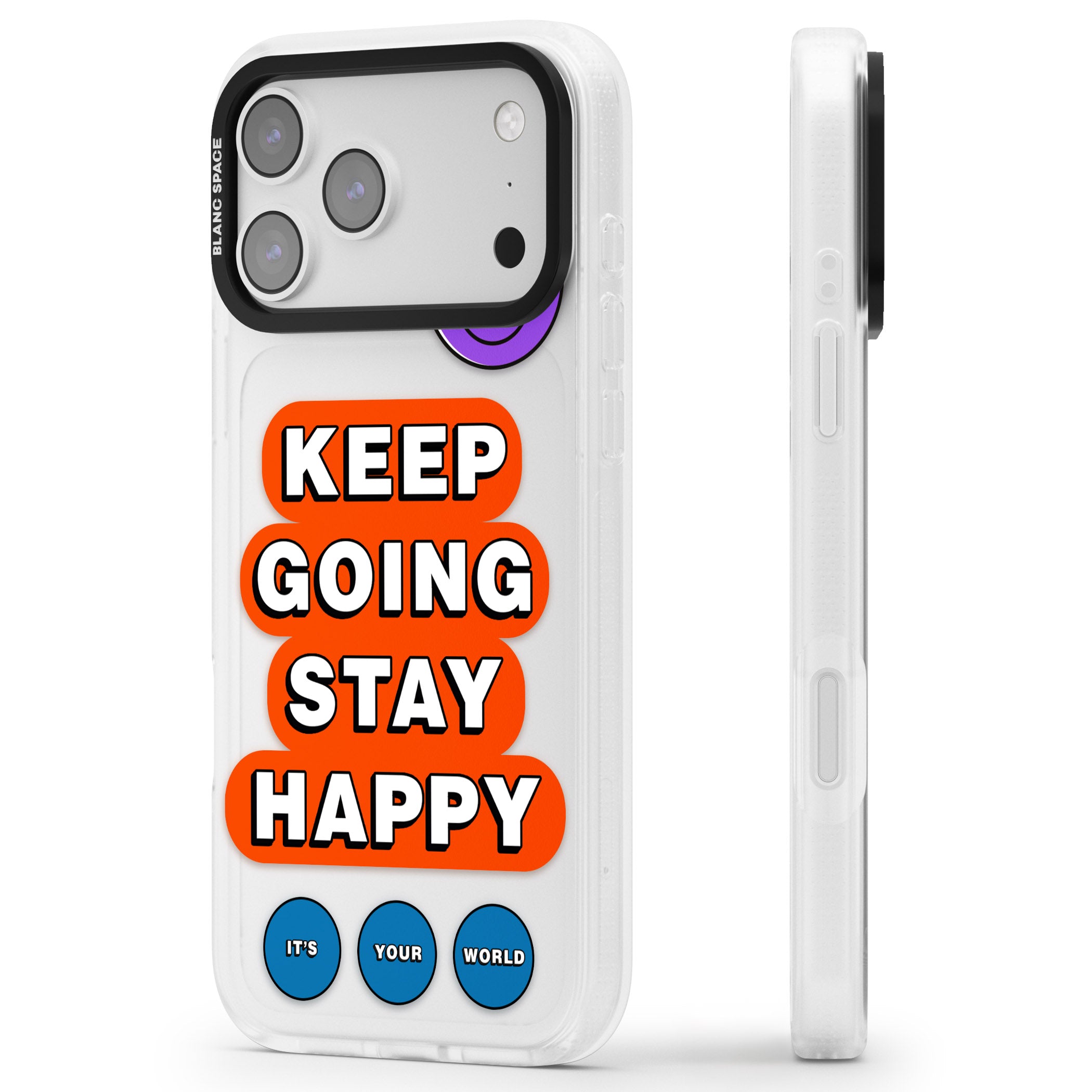Keep Going Stay Happy iPhone 17 Pro Impact Air Clear Phone Case Side Profile