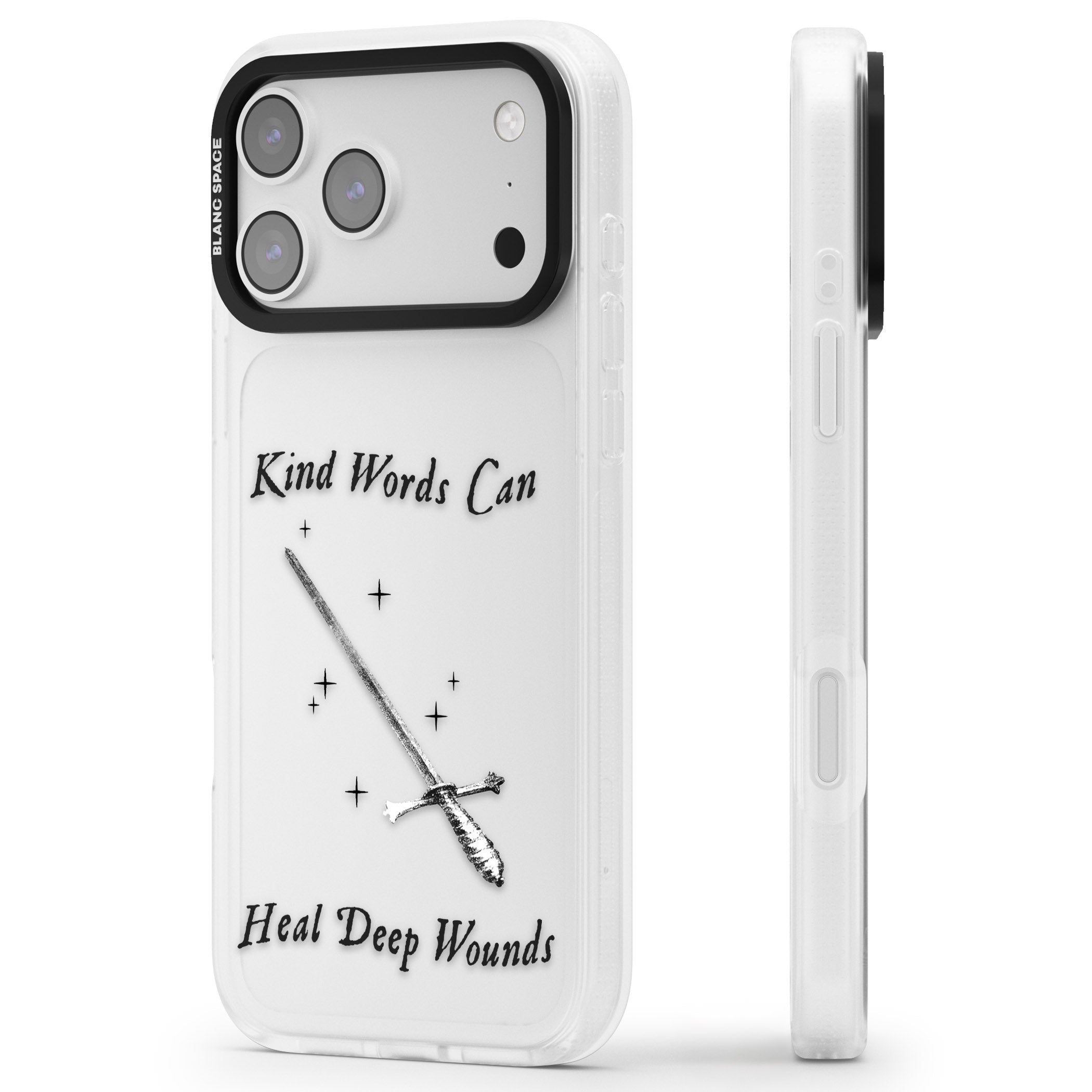 Kind Words Can Heal Deep Wounds iPhone 17 Pro Impact Air Clear Phone Case Side Profile