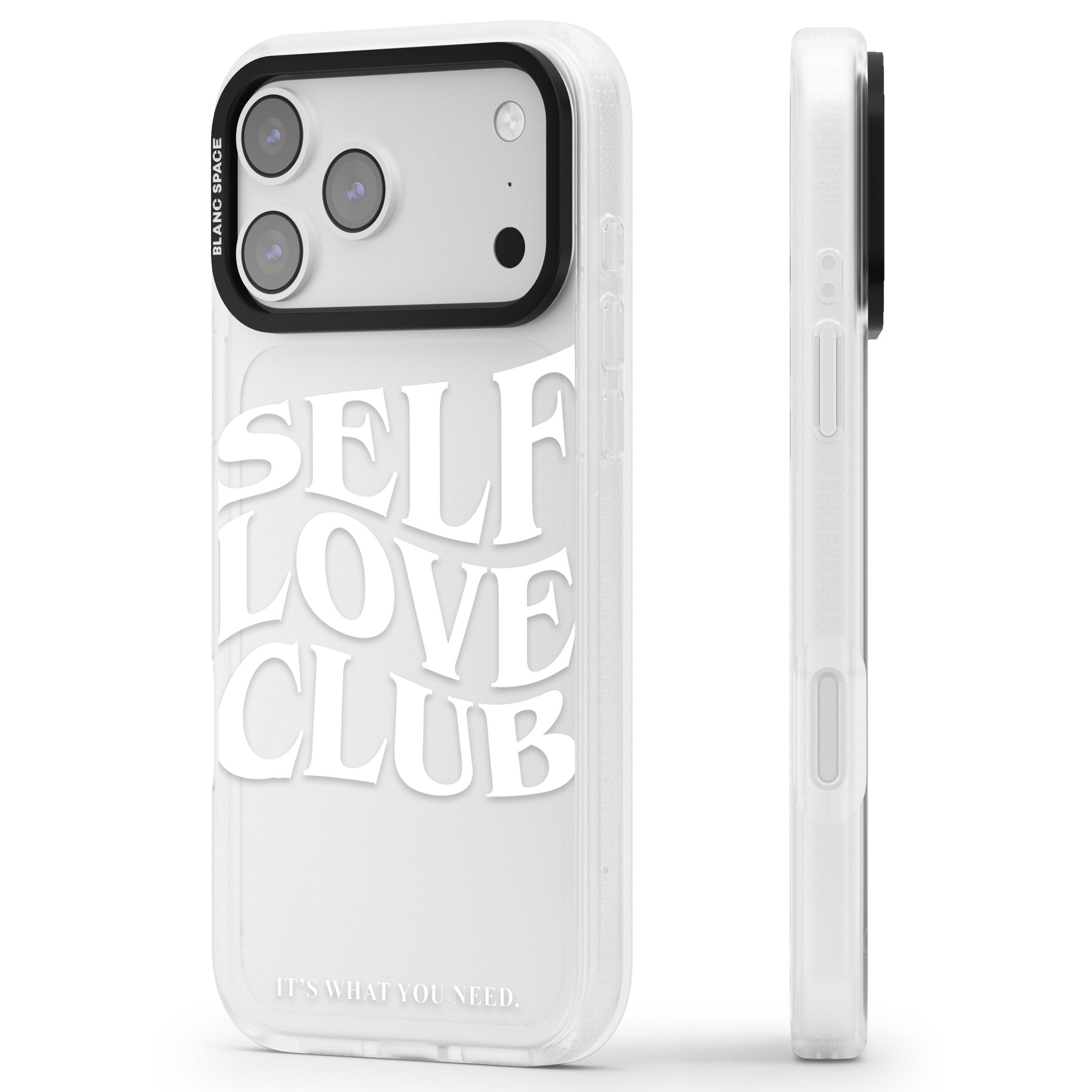Self Love Club White iPhone 17 Pro Impact Air Clear Phone Case Side Profile