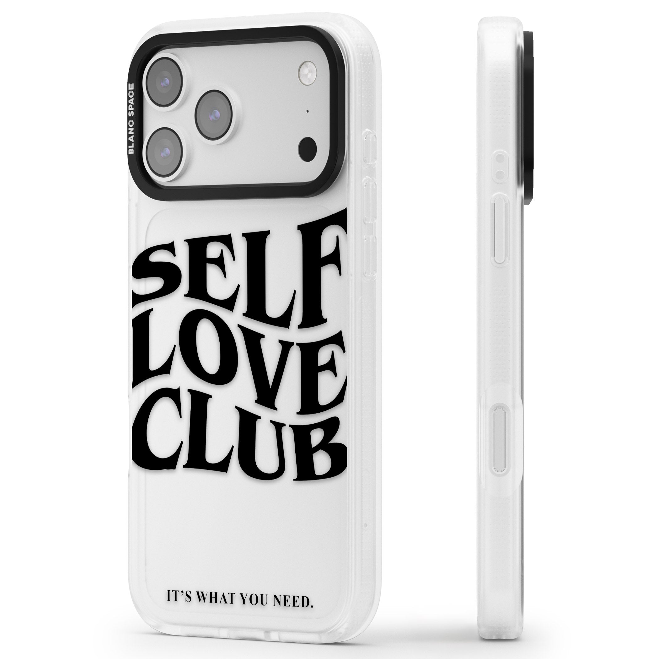 Self Love Club Black iPhone 17 Pro Impact Air Clear Phone Case Side Profile