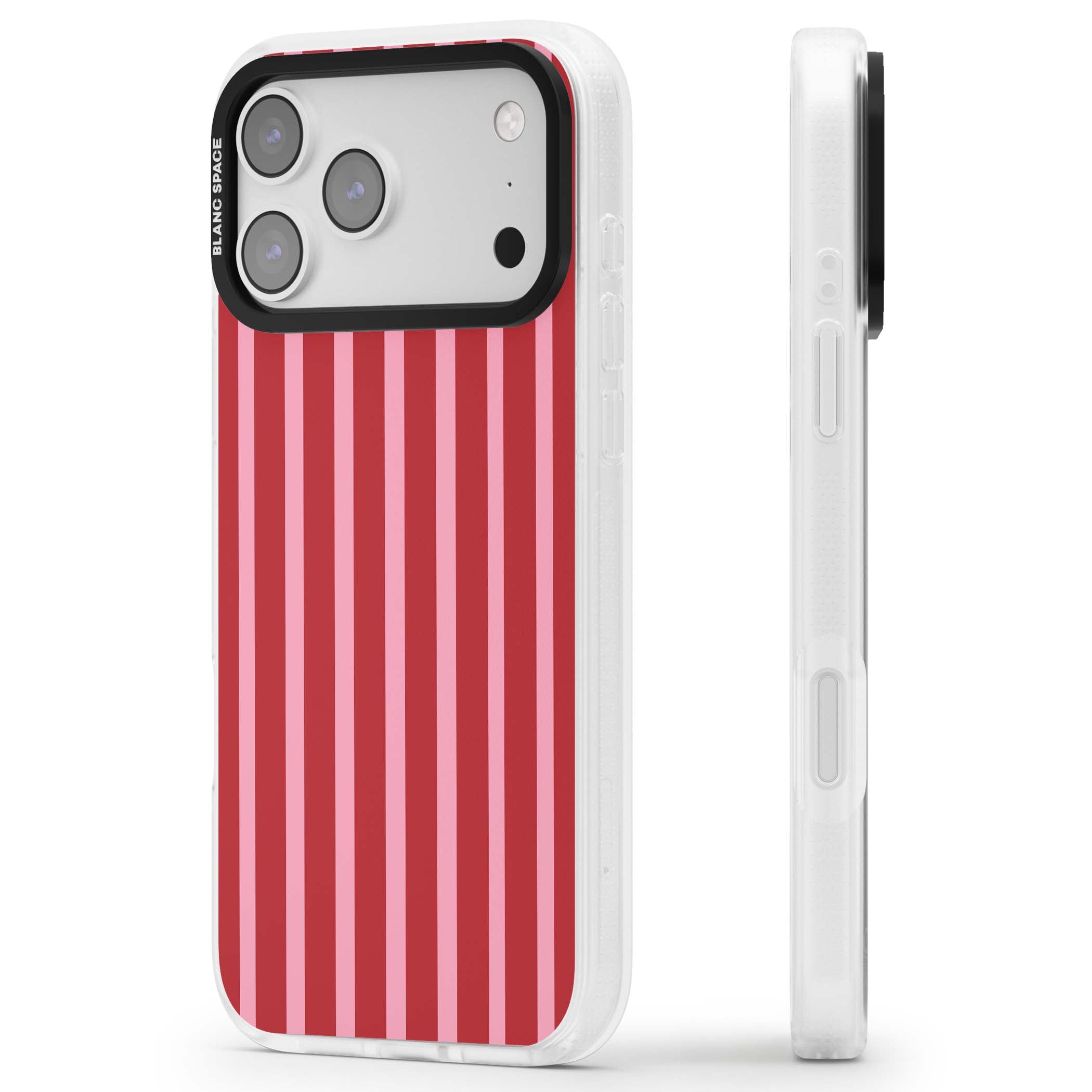 Raspberry Stripe coquette iPhone case featuring red and pink vertical stripes in a candy-inspired pattern | Clear Case Impact Air case for iPhone 17 Pro, iPhone 17 Pro Max