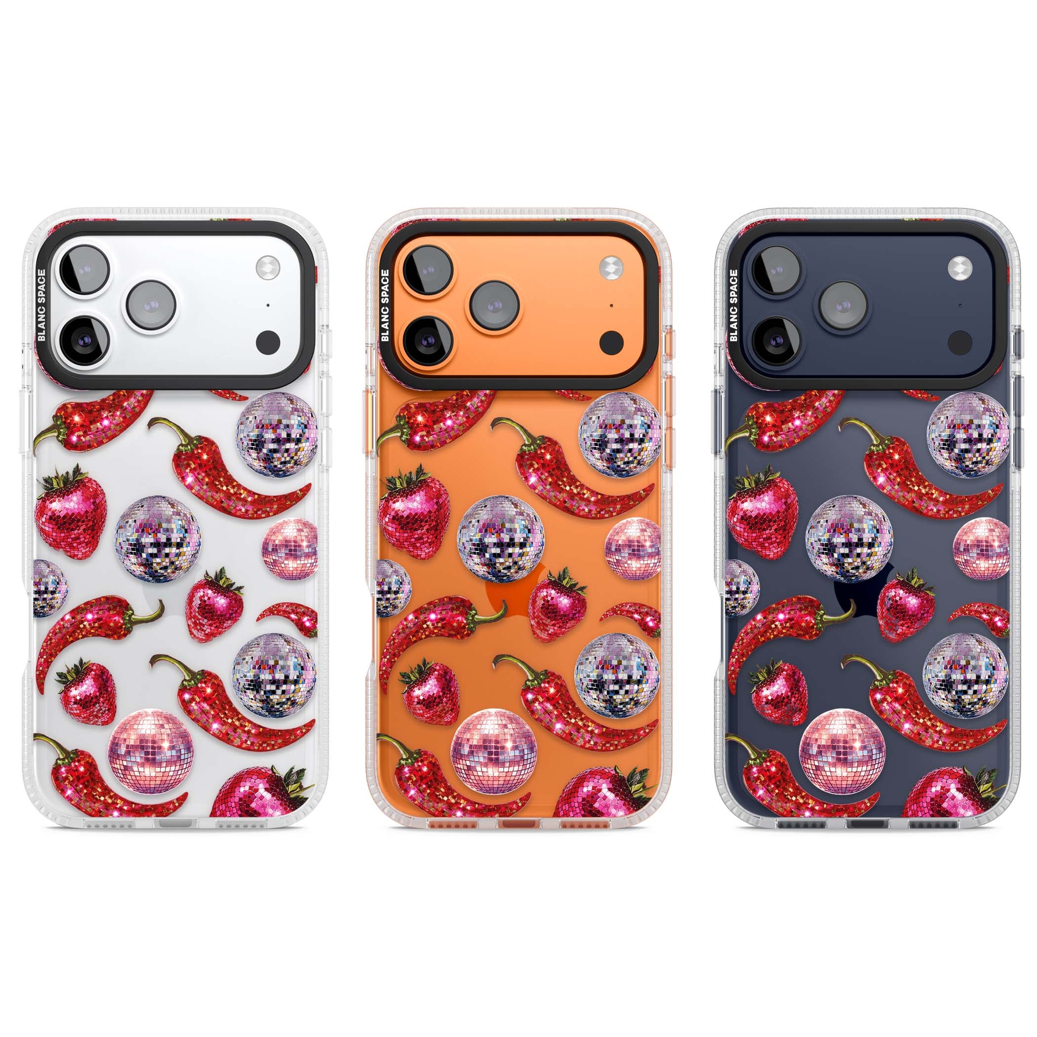 Spicy Disco Y2K iPhone case featuring glitter disco balls, sparkly strawberries and red chilli peppers | Clear Case Impact Air case for iPhone 17 Pro, iPhone 17 Pro Max