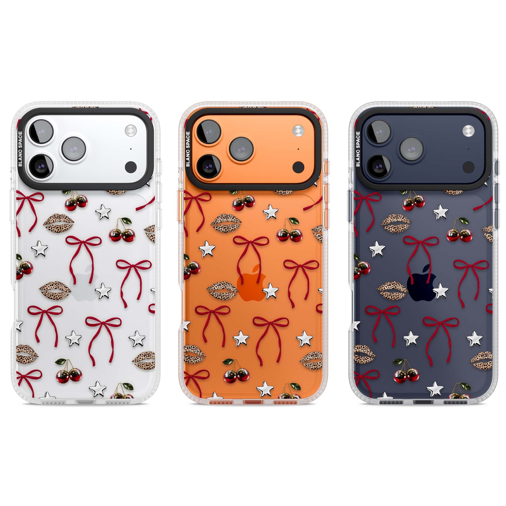 Starlet coquette iPhone case featuring red ribbon bows, disco cherries and leopard-print lips | Clear Case Impact Air case for iPhone 17 Pro, iPhone 17 Pro Max