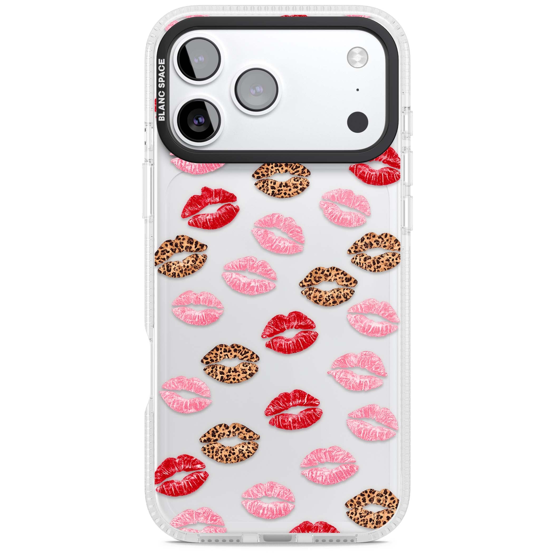Wild Kisses coquette iPhone case featuring red, pink and leopard print lipstick kiss marks on a clear background | Clear Case Impact Air case for iPhone 17 Pro, iPhone 17 Pro Max