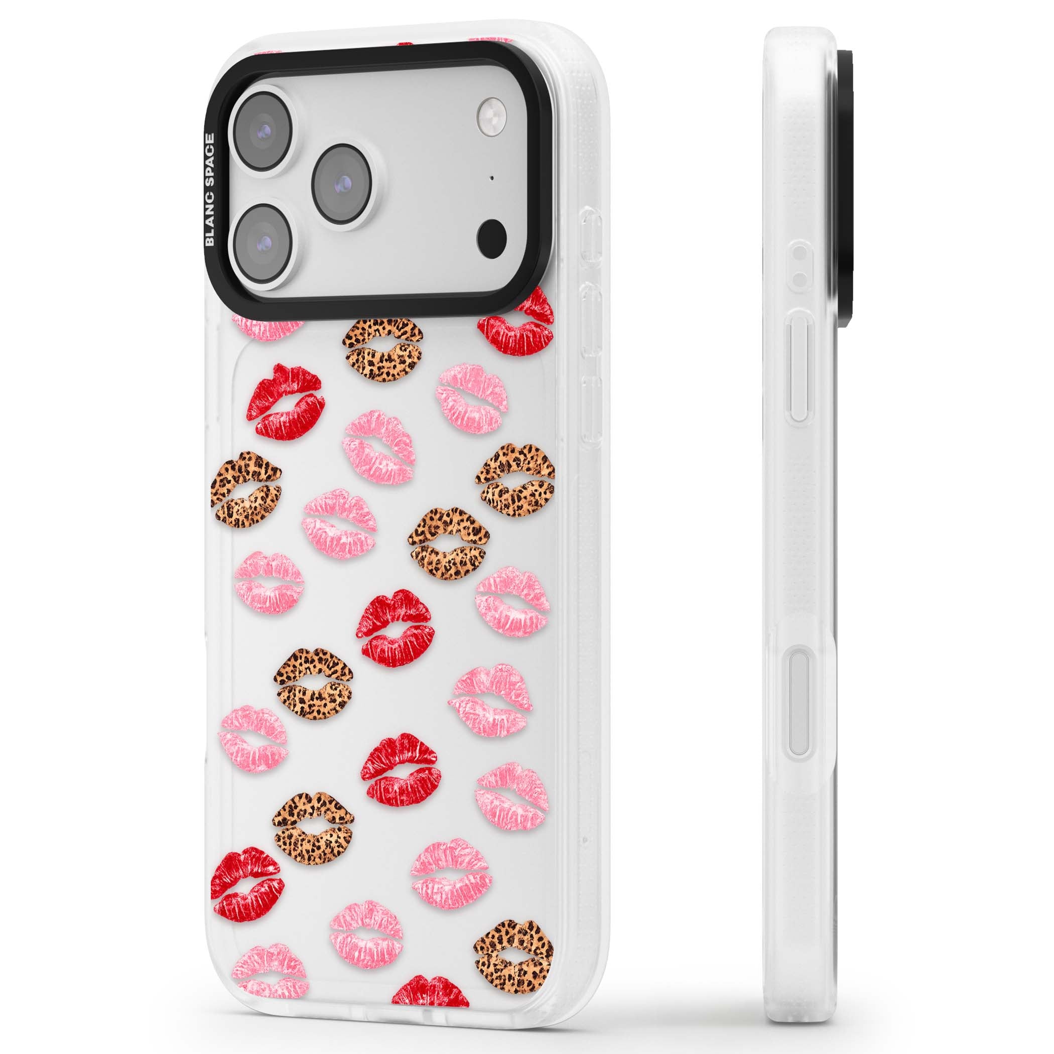 Wild Kisses coquette iPhone case featuring red, pink and leopard print lipstick kiss marks on a clear background | Clear Case Impact Air case for iPhone 17 Pro, iPhone 17 Pro Max