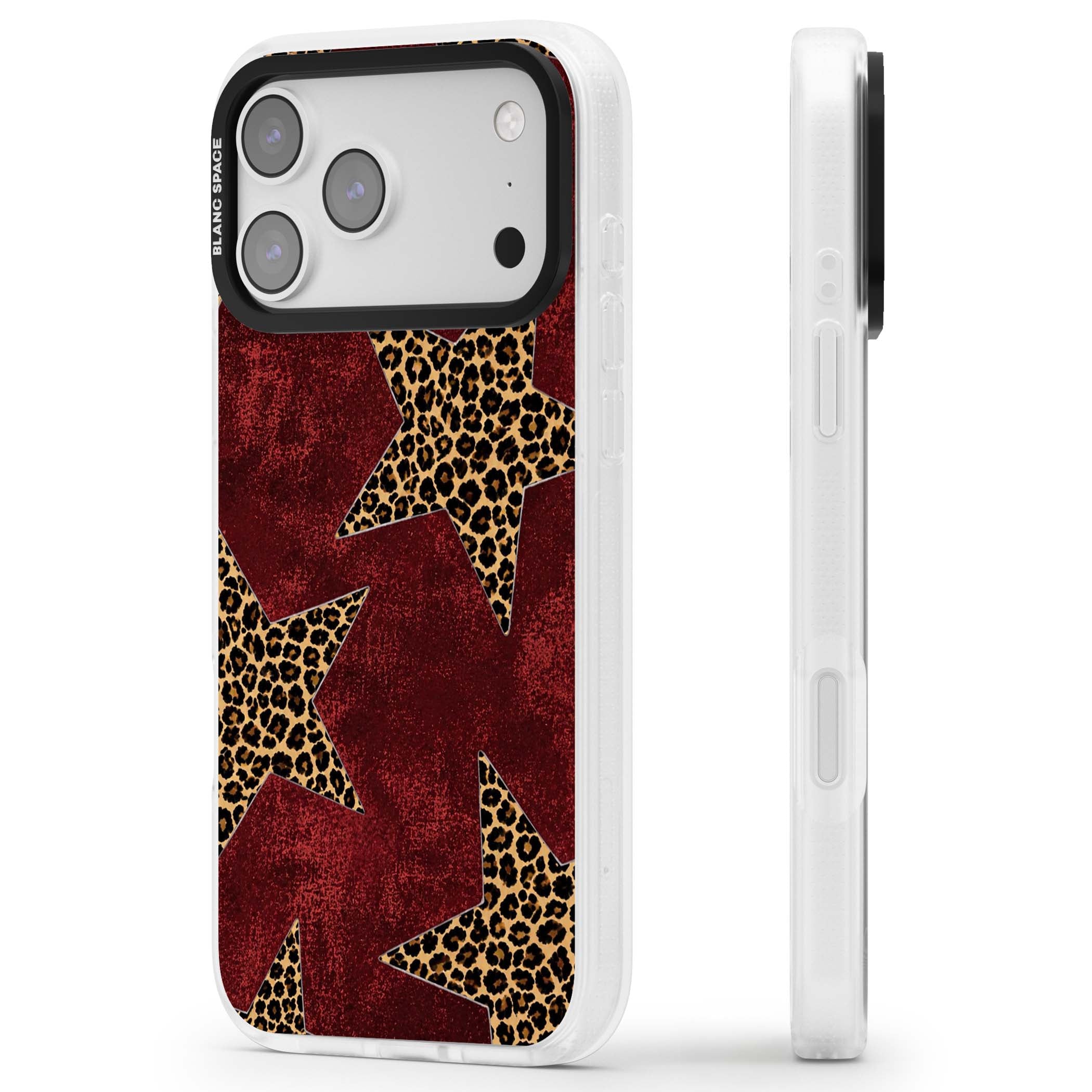 Showgirl leopard print iPhone case featuring cheetah print stars on distressed red grunge background | Clear Case Impact Air case for iPhone 17 Pro, iPhone 17 Pro Max