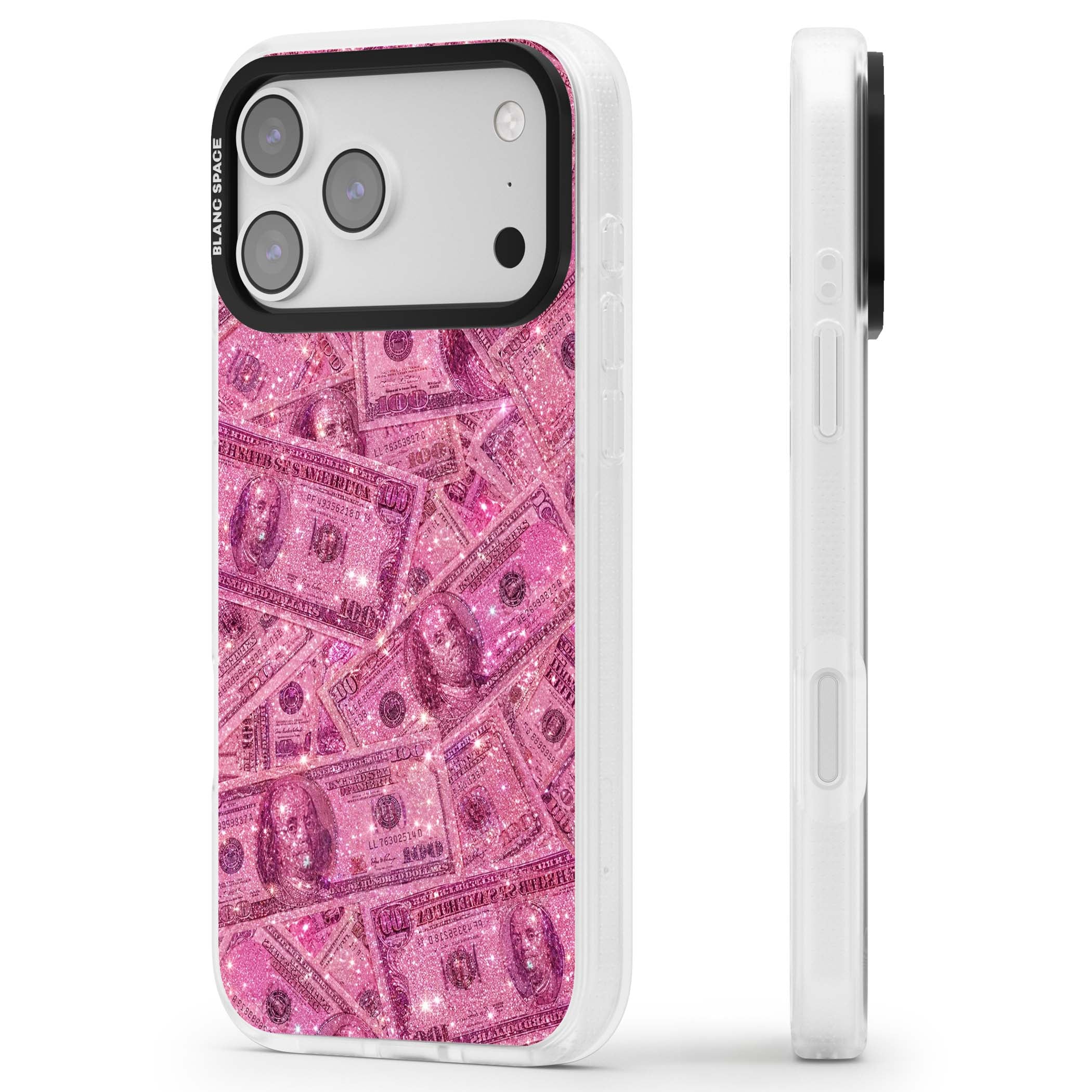 Glamorous baddie iPhone case featuring pink glitter hundred dollar bills and sparkling money wallpaper design | Clear Case Impact Air case for iPhone 17 Pro, iPhone 17 Pro Max