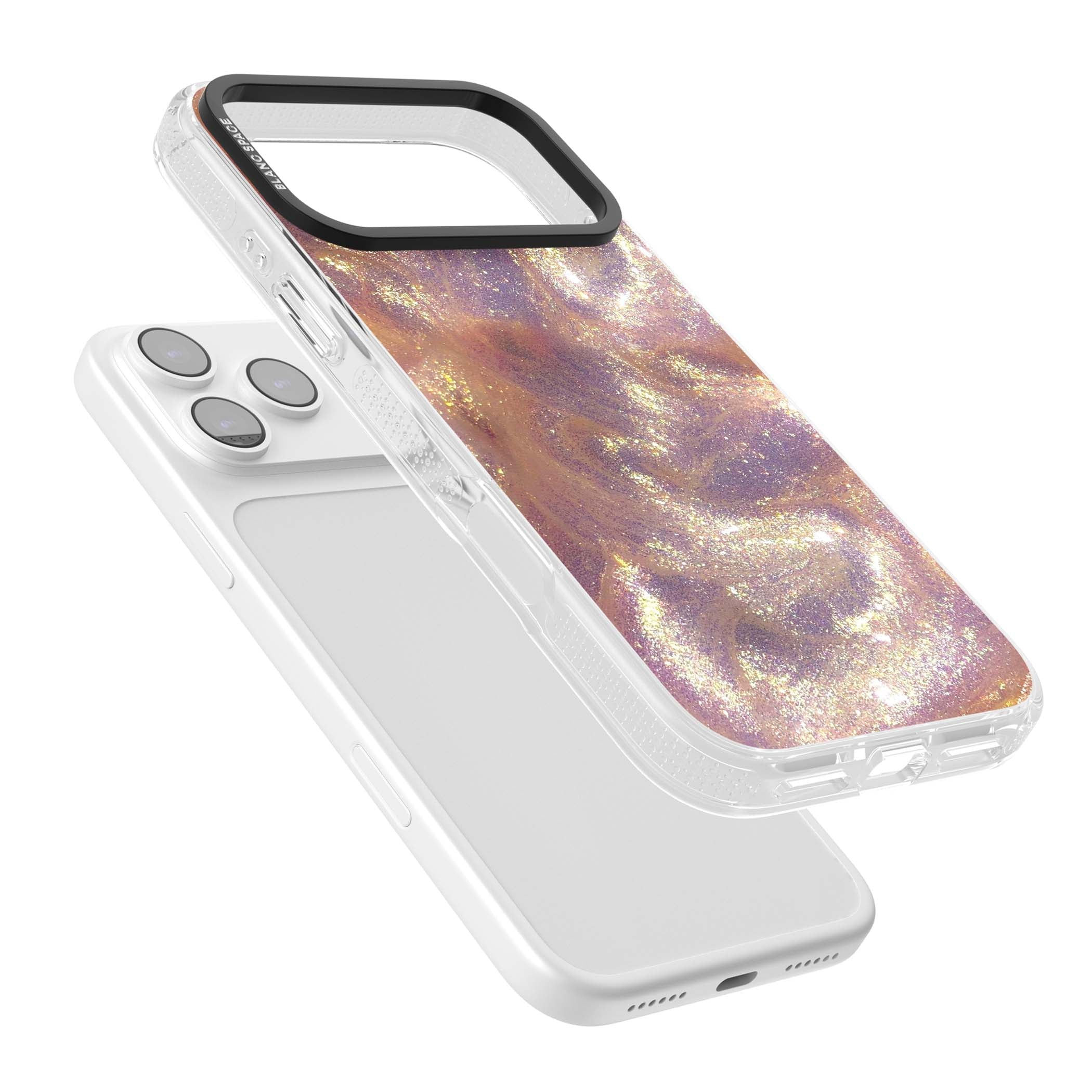 Shimmer marble iPhone case featuring rose gold glitter swirls, lilac shimmer and iridescent pearl finish | Clear Case Impact Air case for iPhone 17 Pro, iPhone 17 Pro Max