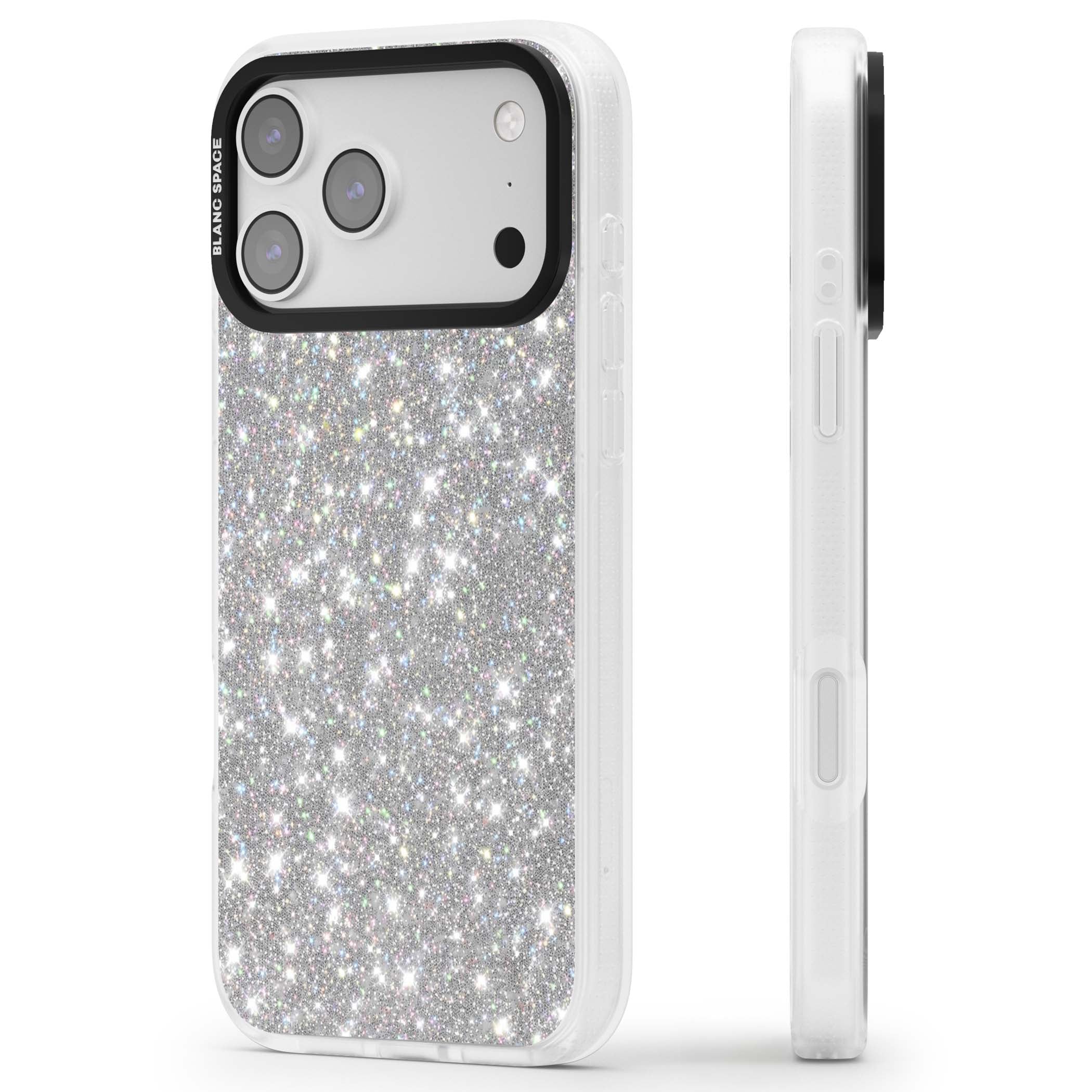 Diamond glam iPhone case featuring silver glitter sparkle and shimmering diamond dust effect | Clear Case Impact Air case for iPhone 17 Pro, iPhone 17 Pro Max