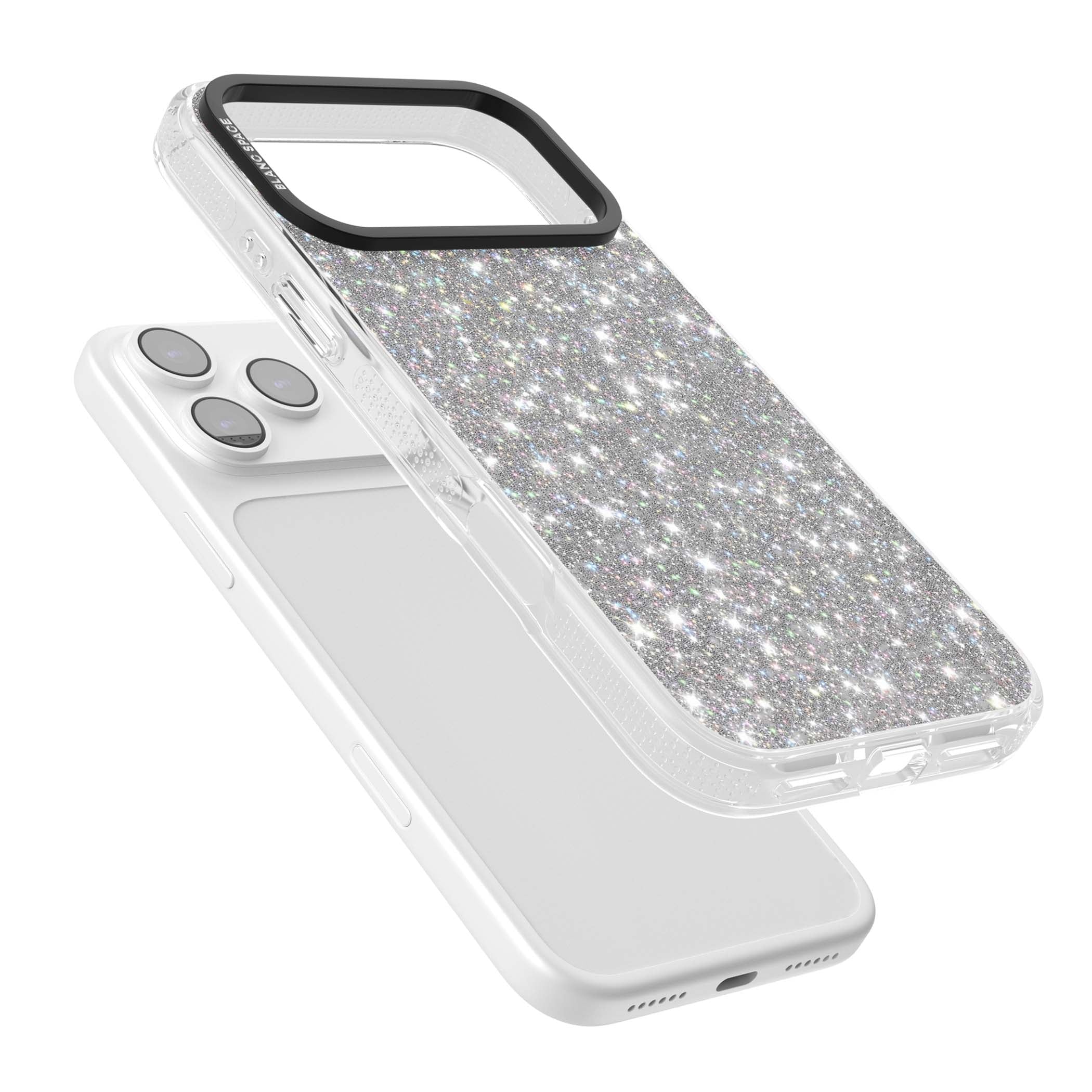 Diamond glam iPhone case featuring silver glitter sparkle and shimmering diamond dust effect | Clear Case Impact Air case for iPhone 17 Pro, iPhone 17 Pro Max