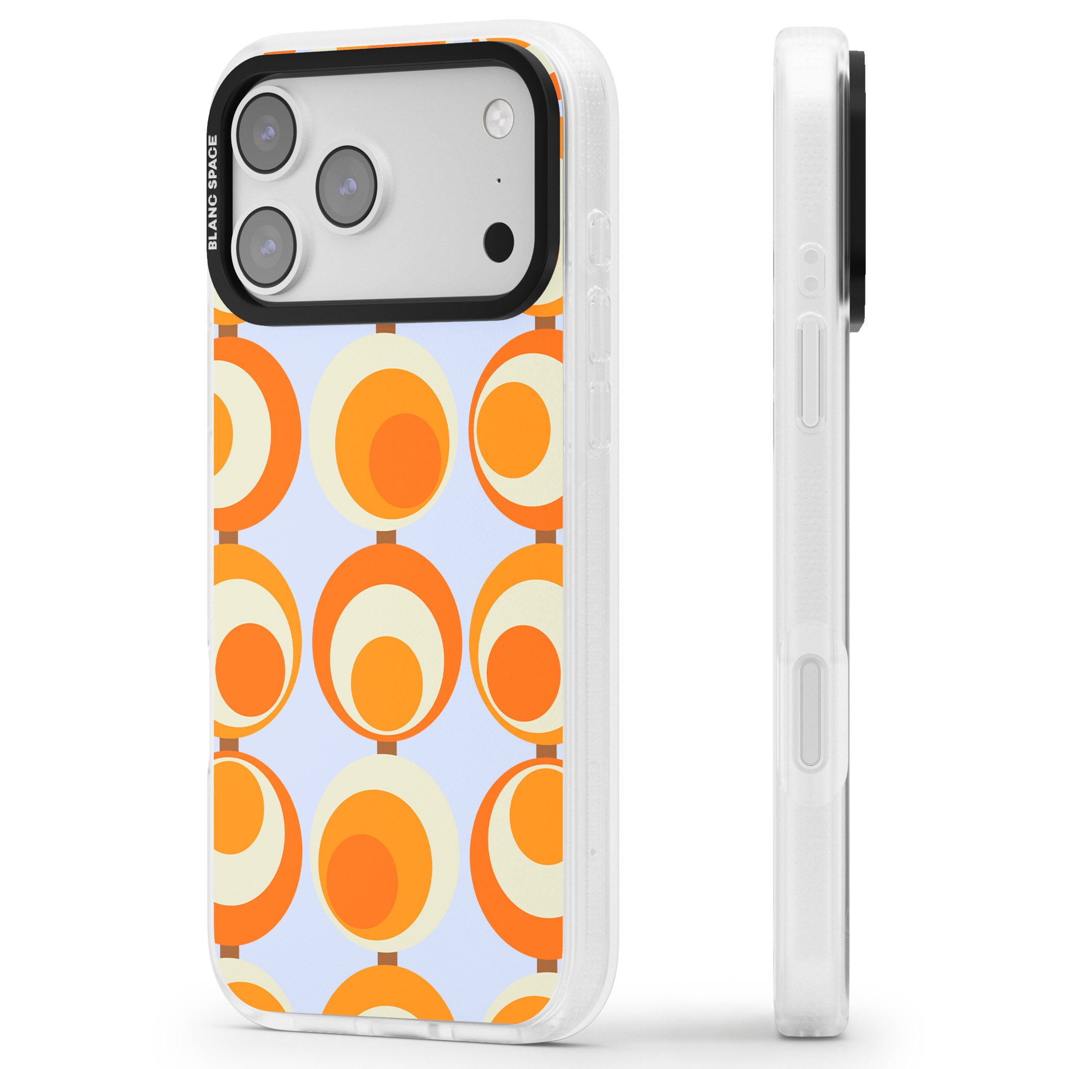 Mid Century Blue Orange Pattern iPhone 17 Pro Impact Air Clear Phone Case Side Profile