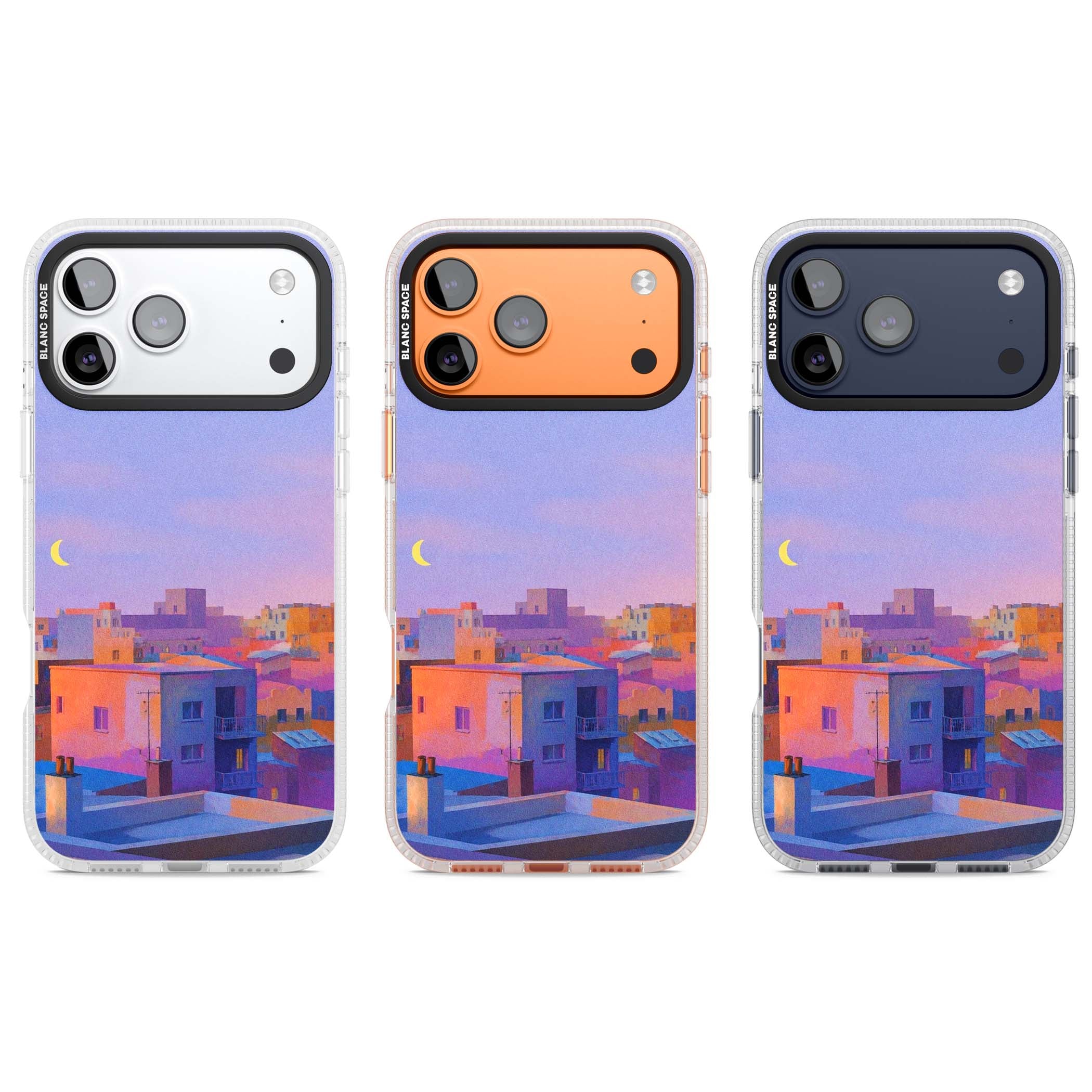Twilight Rooftops vaporwave iPhone case featuring a pastel sunset cityscape, painted rooftops and a crescent moon. | Clear Case Impact Air case for iPhone 17 Pro, iPhone 17 Pro Max