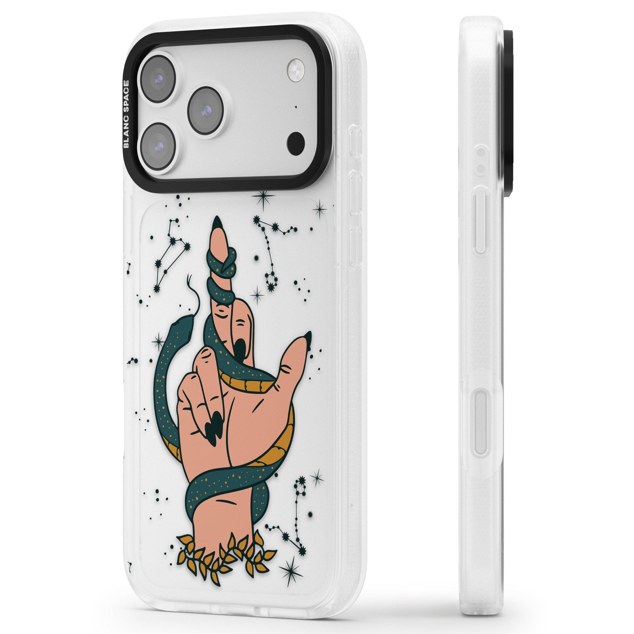 Snakes, Stars And Cynicism iPhone 17 Pro Impact Air Clear Phone Case Side Profile