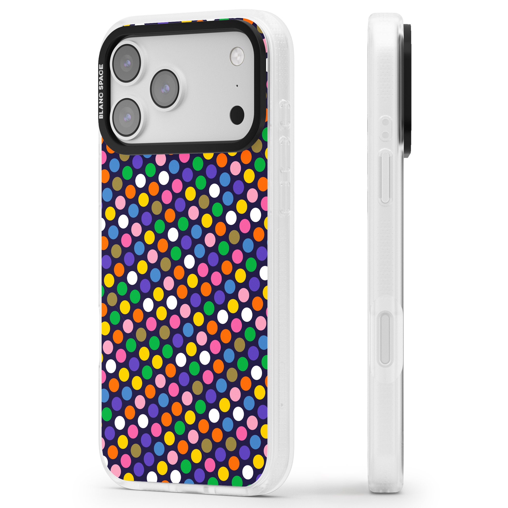 Multicolour Polka Dot Fiesta (Purple) iPhone 17 Pro Impact Air Clear Phone Case Side Profile