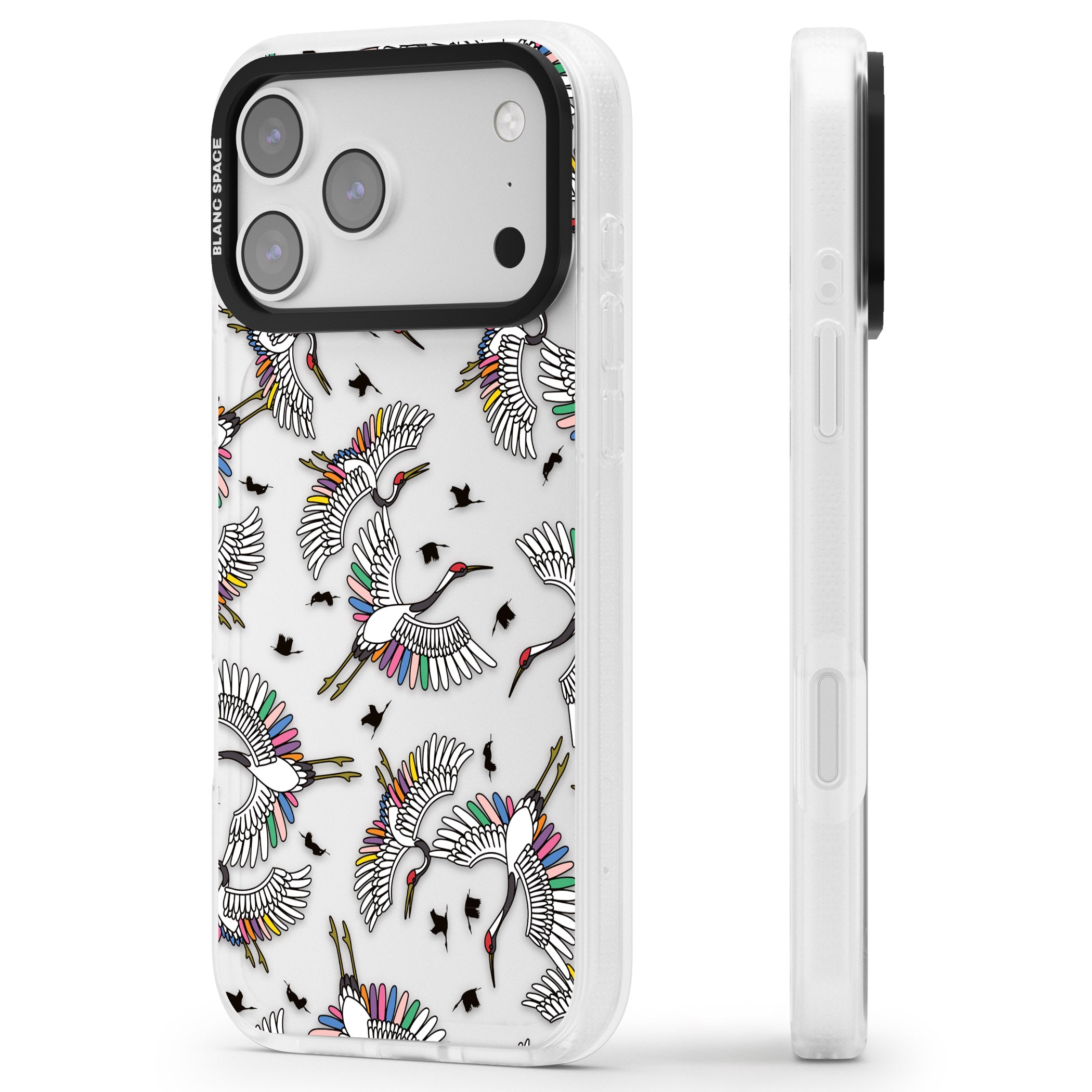 Colourful Crane Pattern iPhone 17 Pro Impact Air Clear Phone Case Side Profile