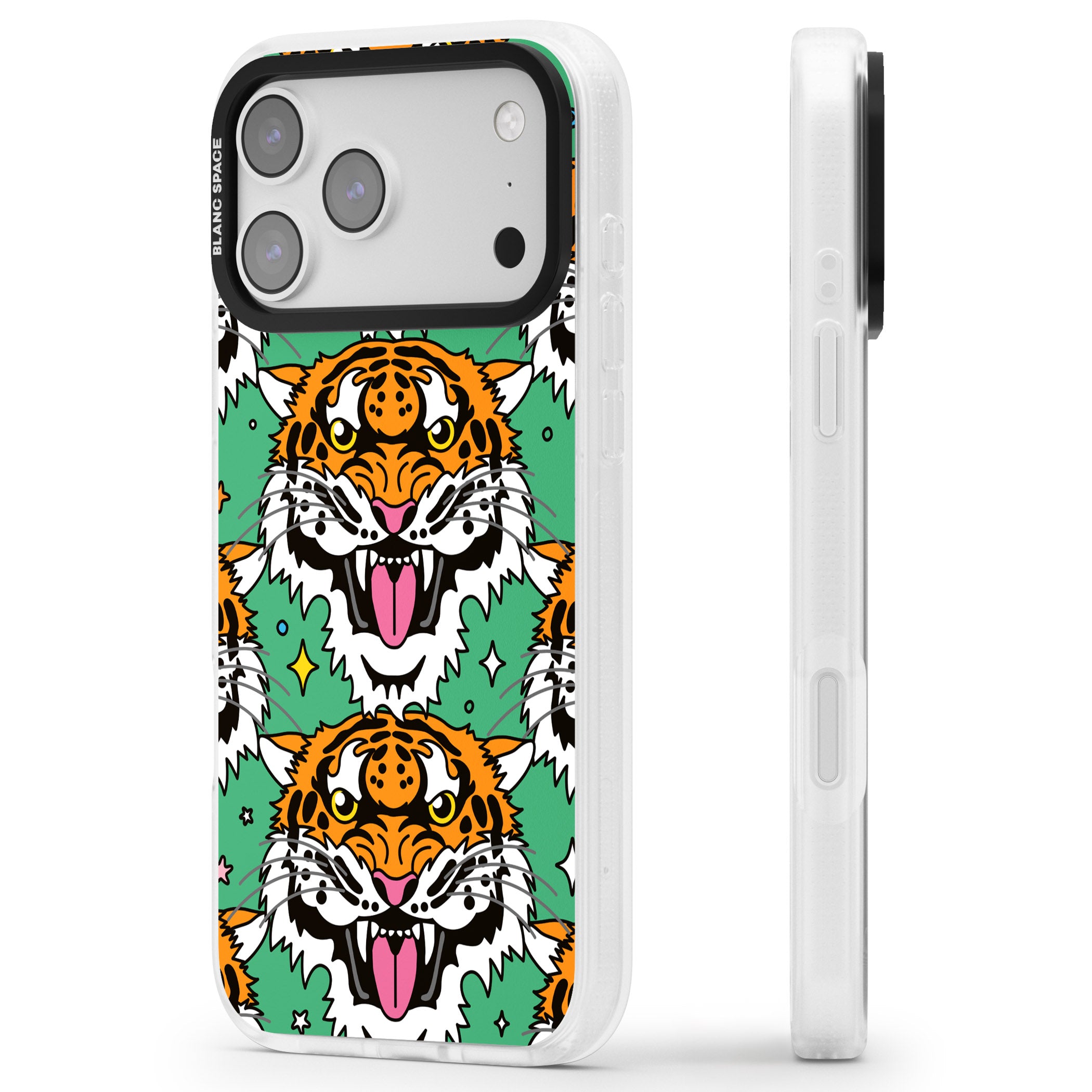 Fierce Jungle Tigers (Green) iPhone 17 Pro Impact Air Clear Phone Case Side Profile