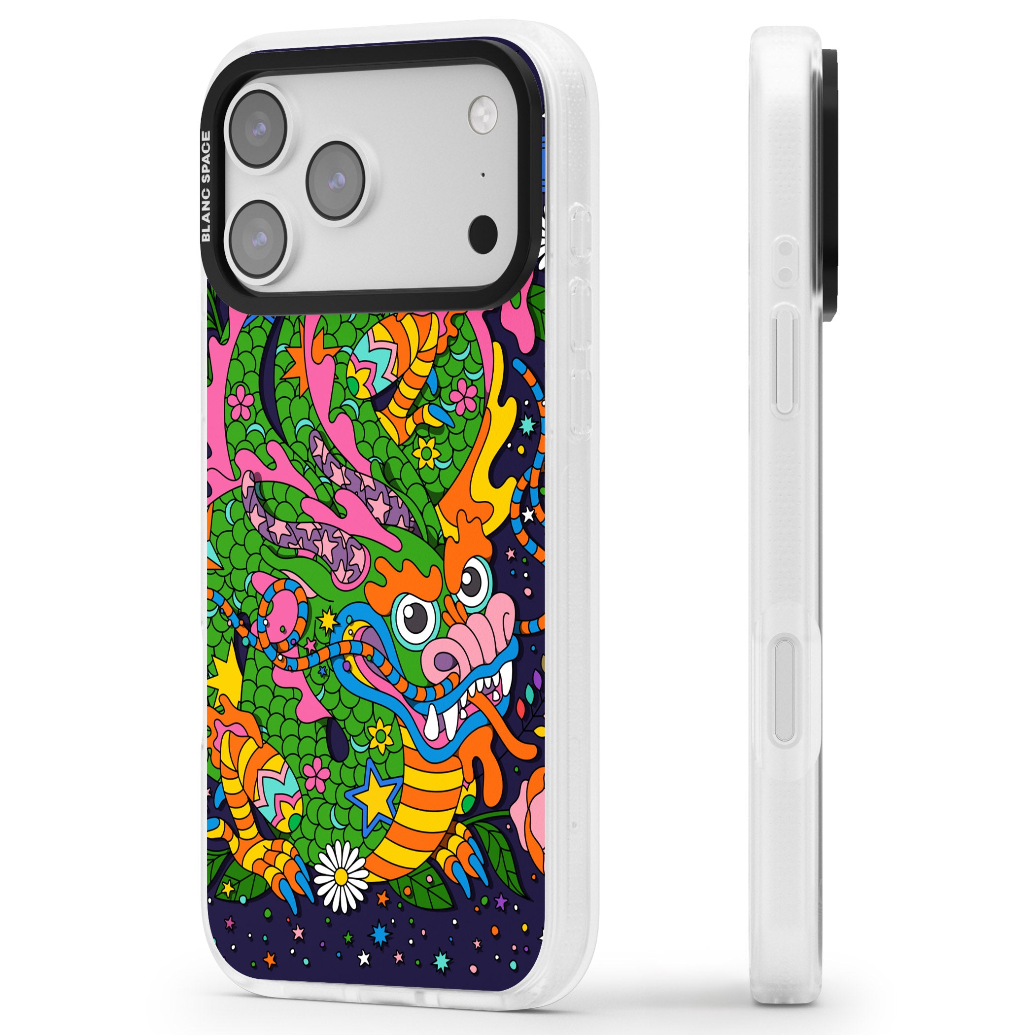 Psychedelic Jungle Dragon (Purple) iPhone 17 Pro Impact Air Clear Phone Case Side Profile