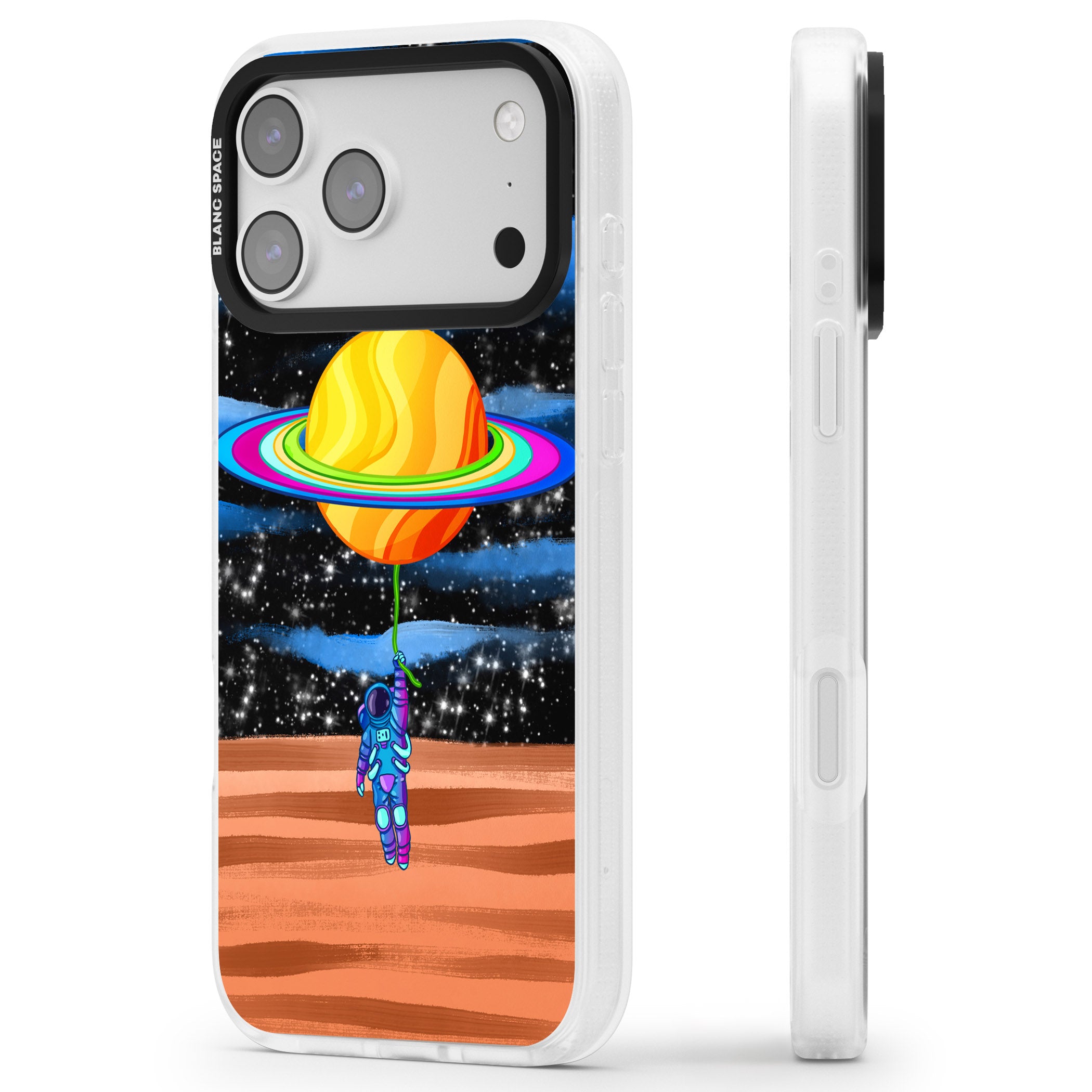 World On Helium iPhone 17 Pro Impact Air Clear Phone Case Side Profile